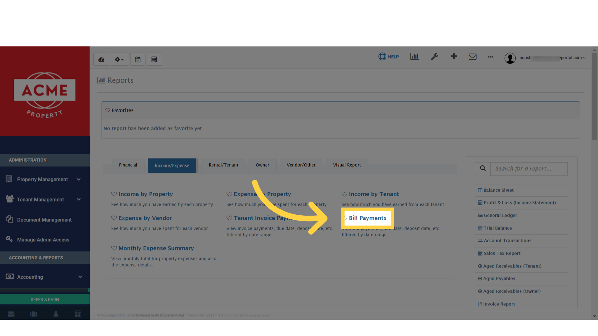 Navigate to the Income/Expense section and select Bill Payments