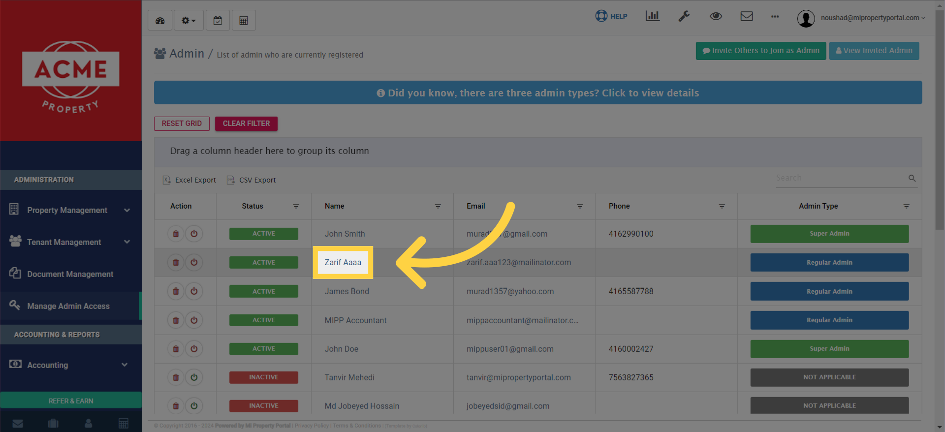 Click on the name of any selected specific admin.