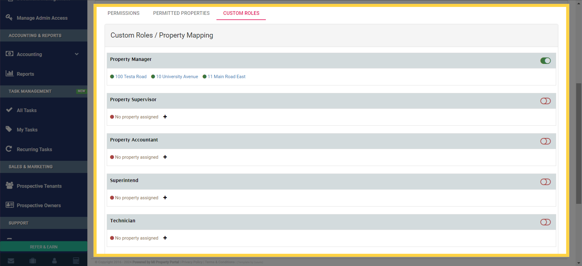 Here, you will find the 'Custom Roles / Property Mapping' options. You can able to control over each individual admin by utilizing these turn on/turn off buttons