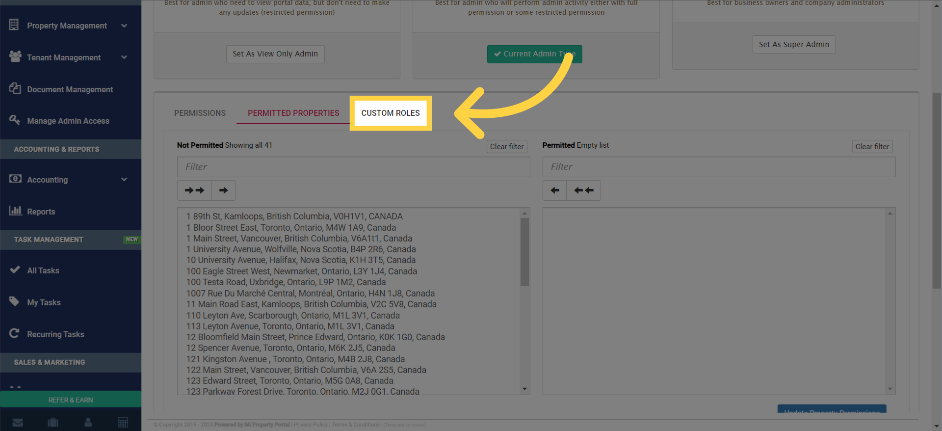 Finally, custom roles tab.