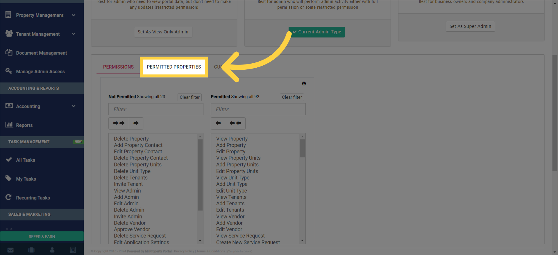 Next is the 'Permitted Properties' section. Here, you can specify which properties selected admins are allowed or disallowed to manage.