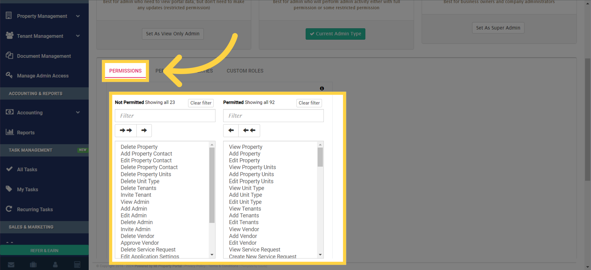 The first tab is 'Permissions', where you can customize the permissions for various options.'