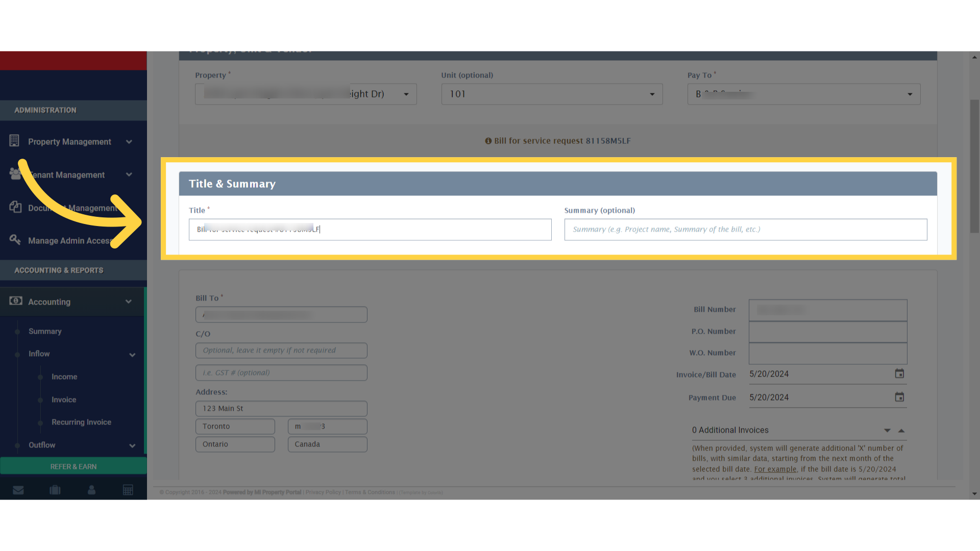 Fill in the required information in the empty fields under 'Title & Summary.'