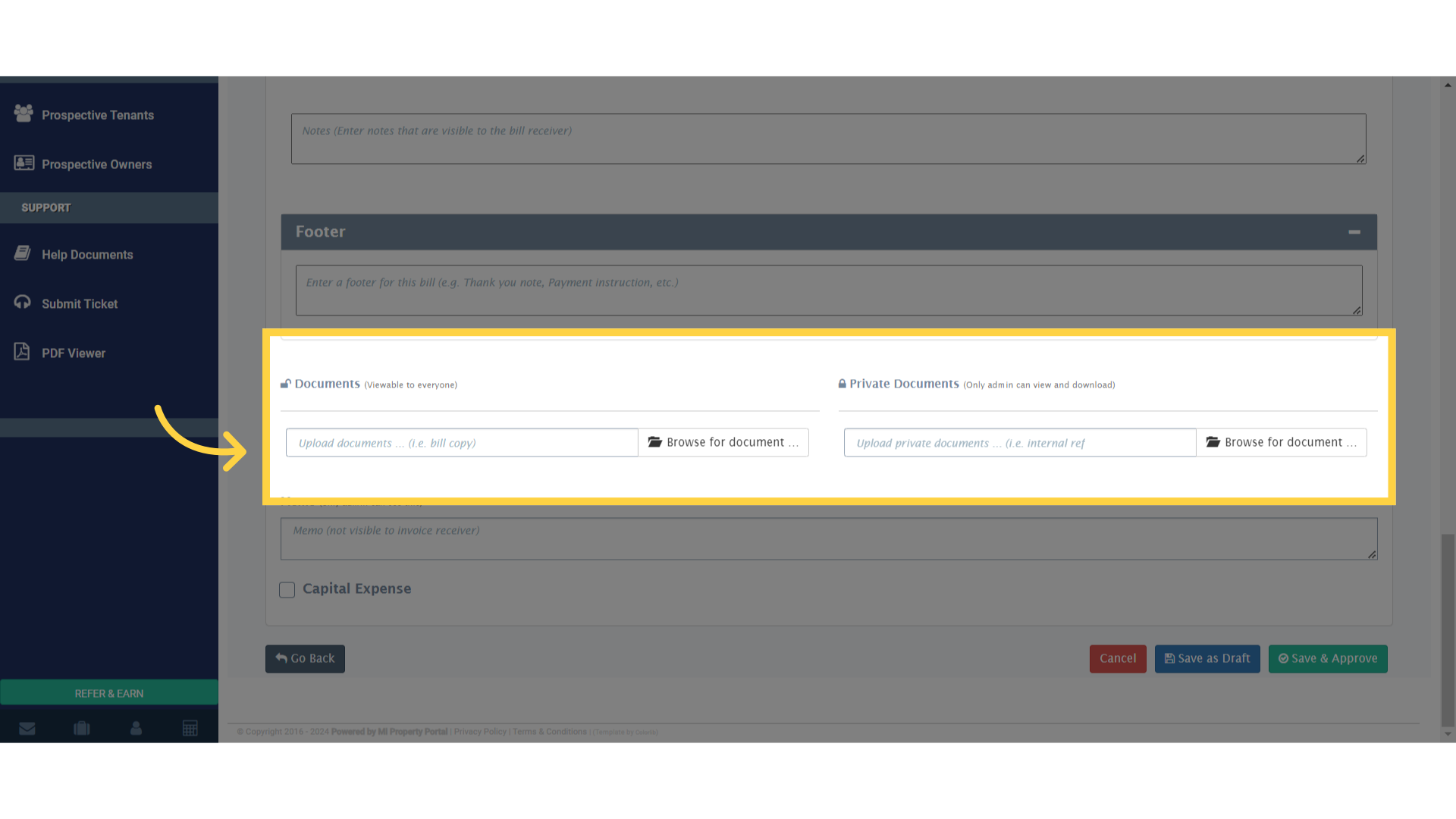 Under Documents & Private Documents, upload any relevant documents by clicking on 'Browse for Document.'
