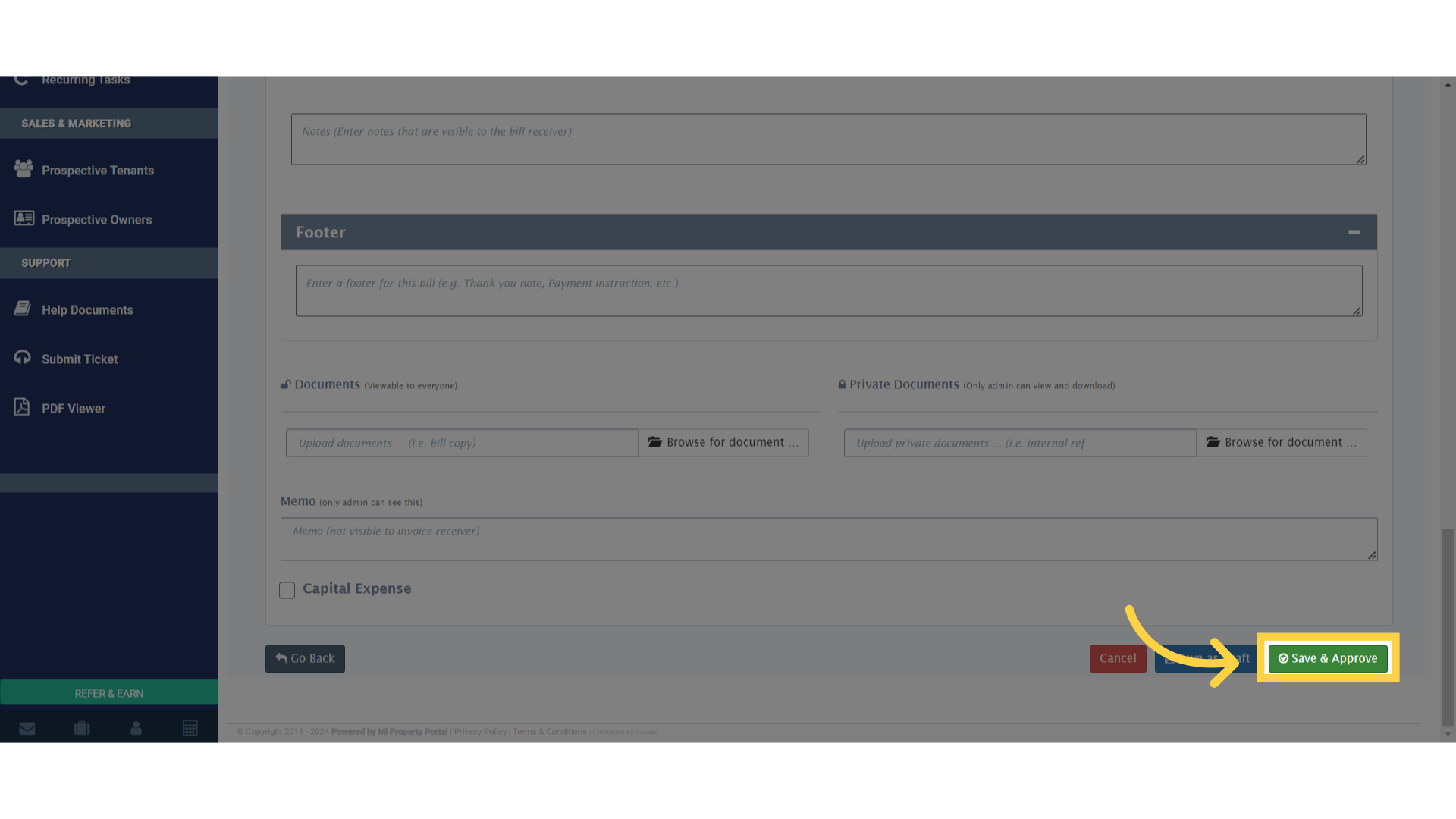 Finalize the bill creation process by clicking on 'Save & Approve.'