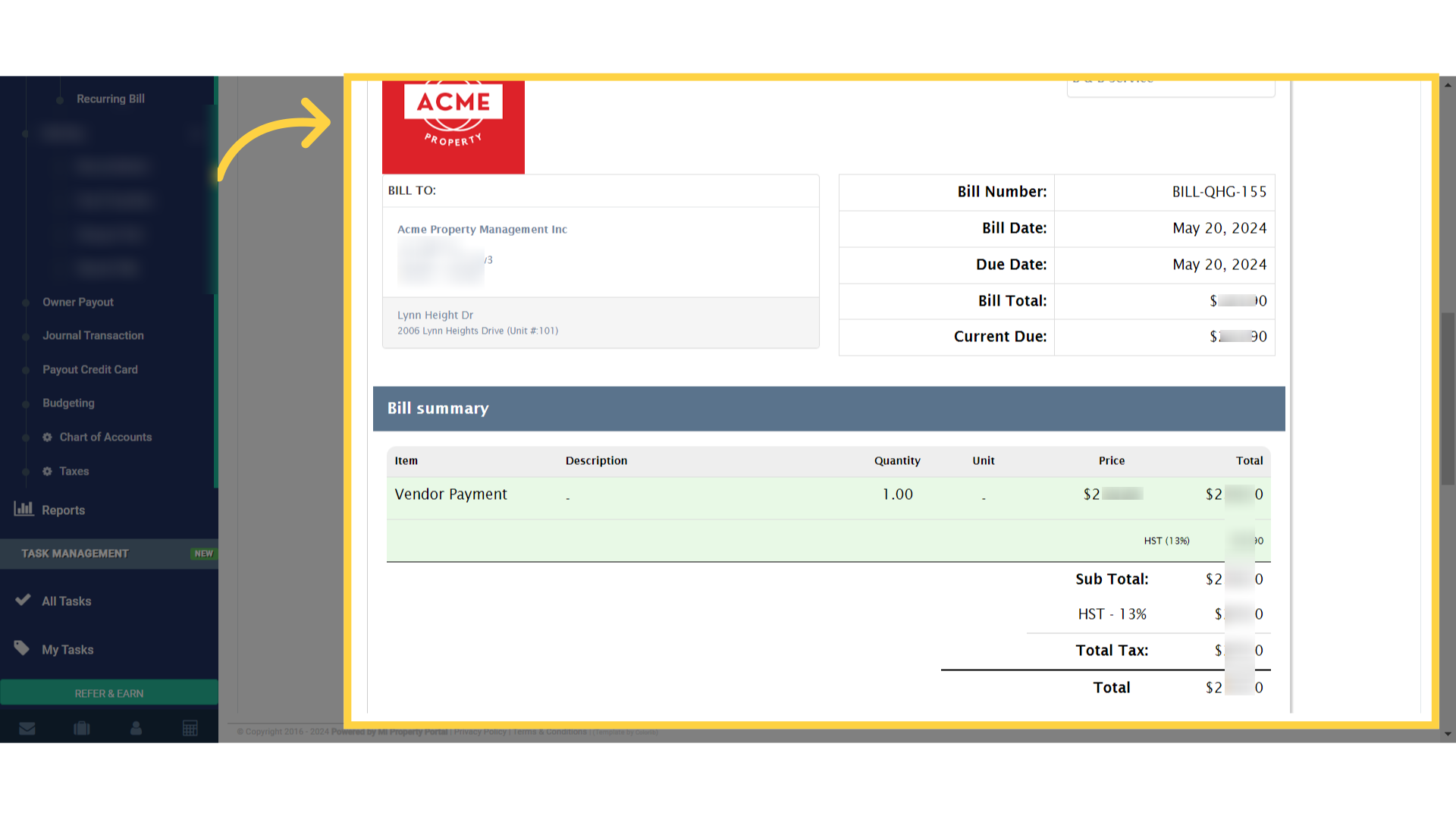 Review the preview of the bill for the specific service request and its summary