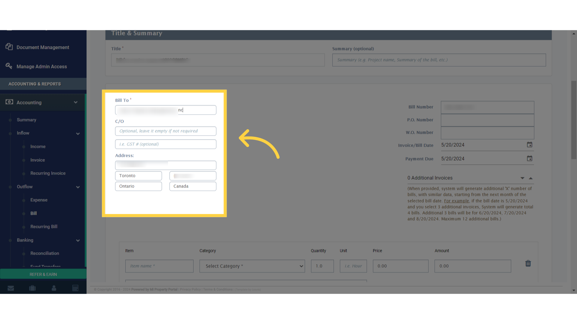 Ensure that the 'Bill To' information is accurate and make any necessary changes
