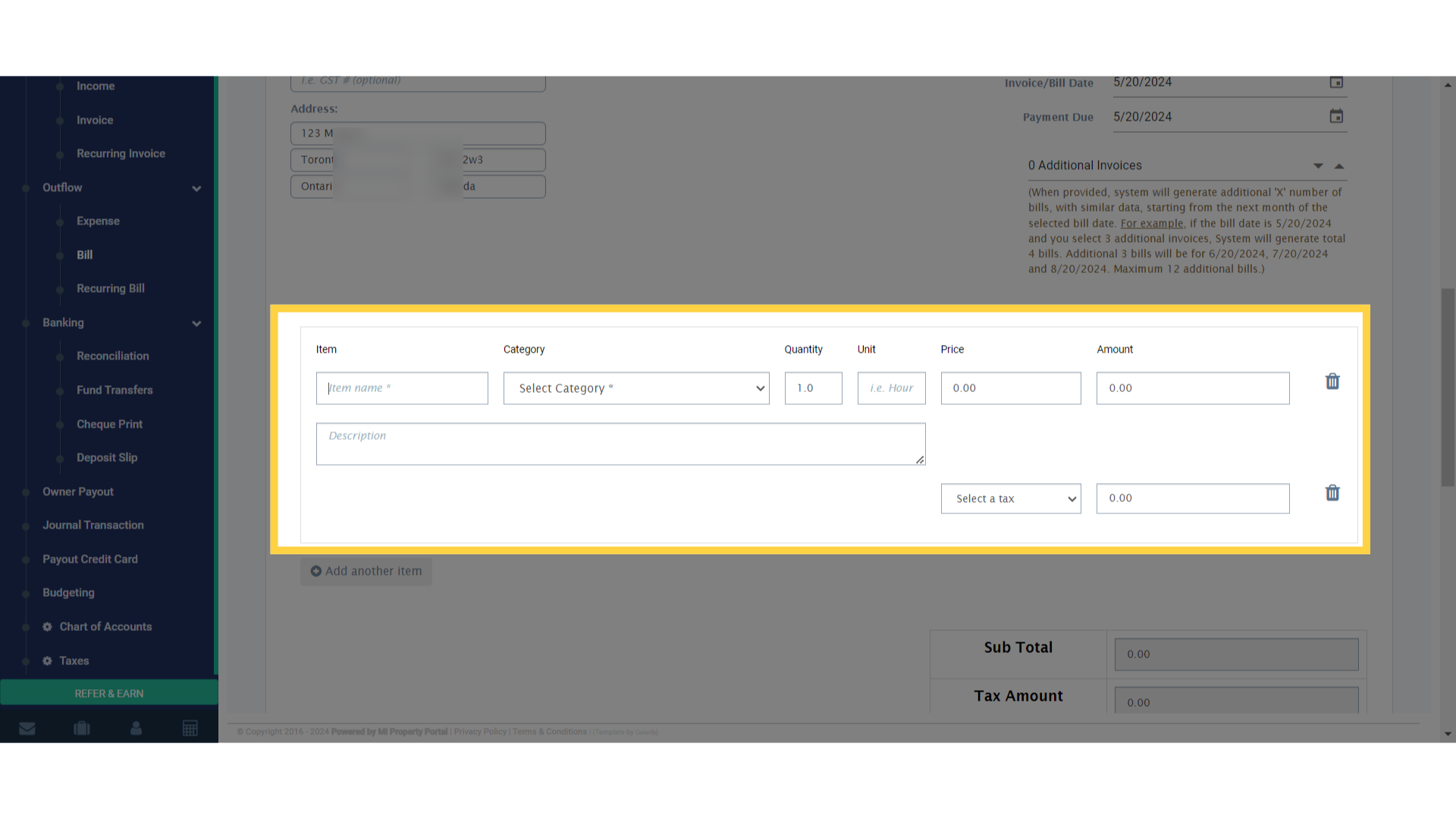 Enter information about the item, select a category, input quantity, price, amount, and description