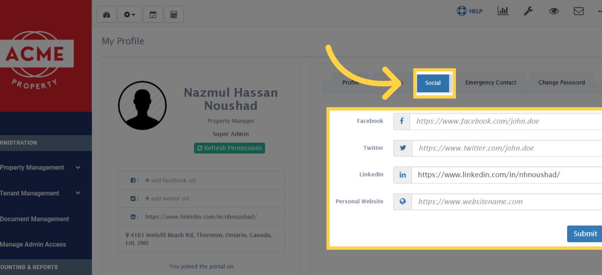 On the 'Social' tab, put all of your social media profile accounts URL such as Facebook, Twitter, LinkedIn, Personal Website etc. Once done, click on submit. 