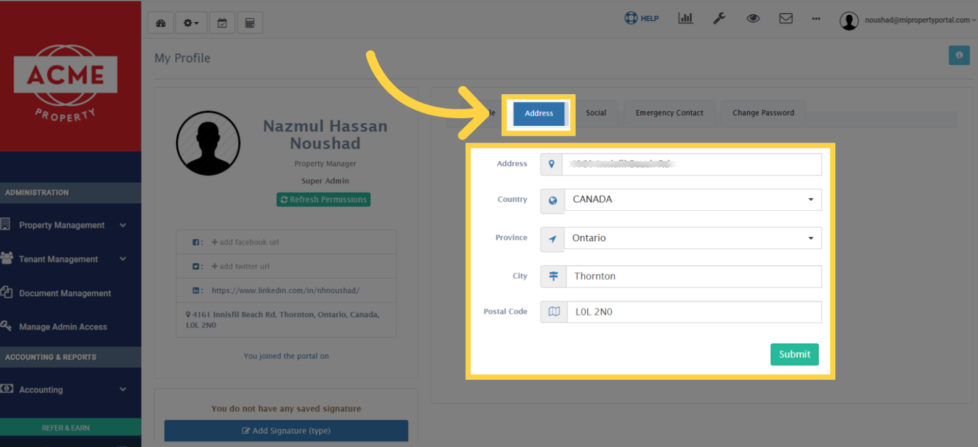 On the address tab, & fill all the necessary information, such as country, province, city, postal code etc. Once done, click on submit. 