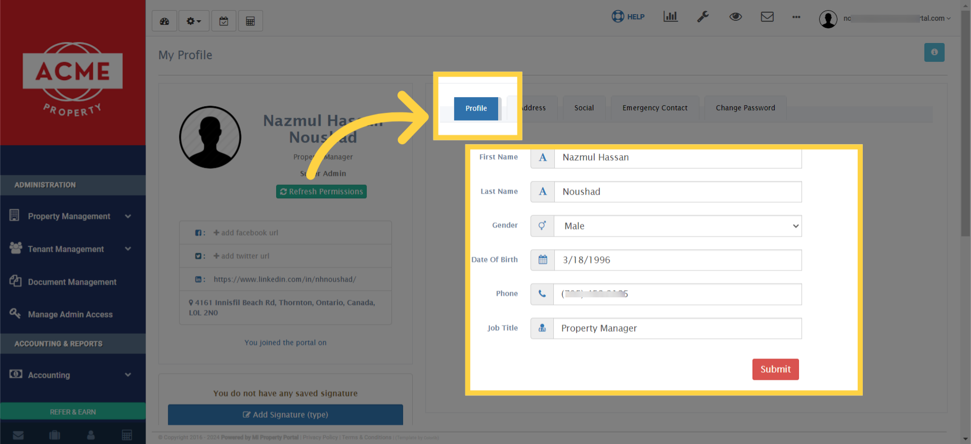 Fill out the 'Profile' information under the profile tab section. Once done, click on submit. 