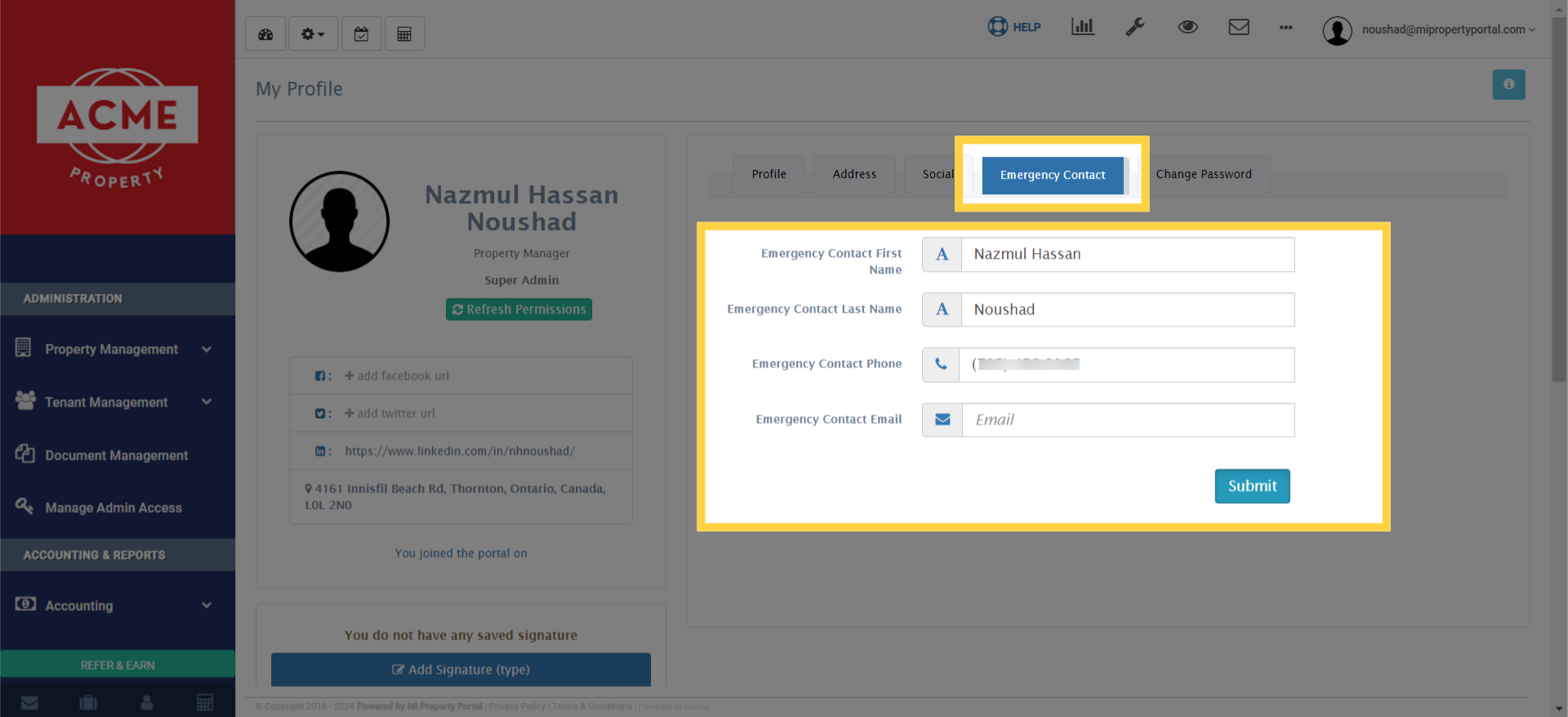 Update emergency contact information under the 'Emergency Contact' tab, such as 'Contact First Name', 'Last Name', 'Contact Phone', 'Contact Email'. Once done, click on submit.