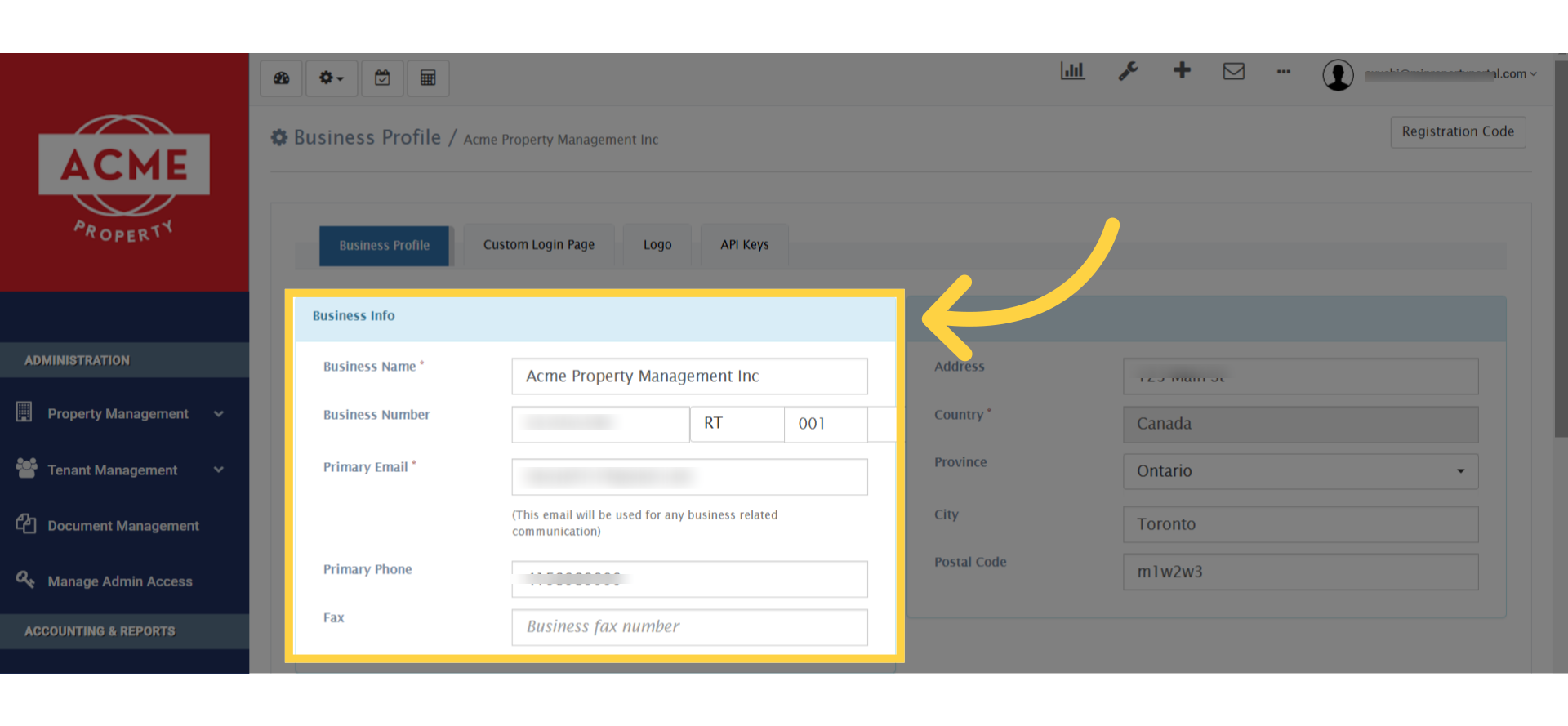Fill out the information on the 'Business Info' section