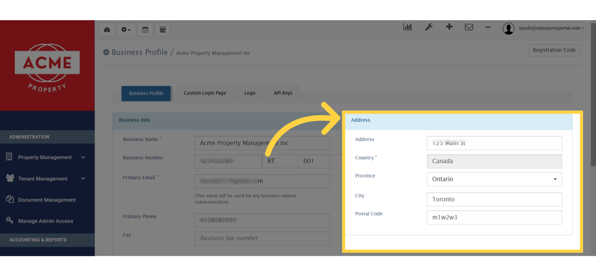 Fill out the information on the 'Business Info' section