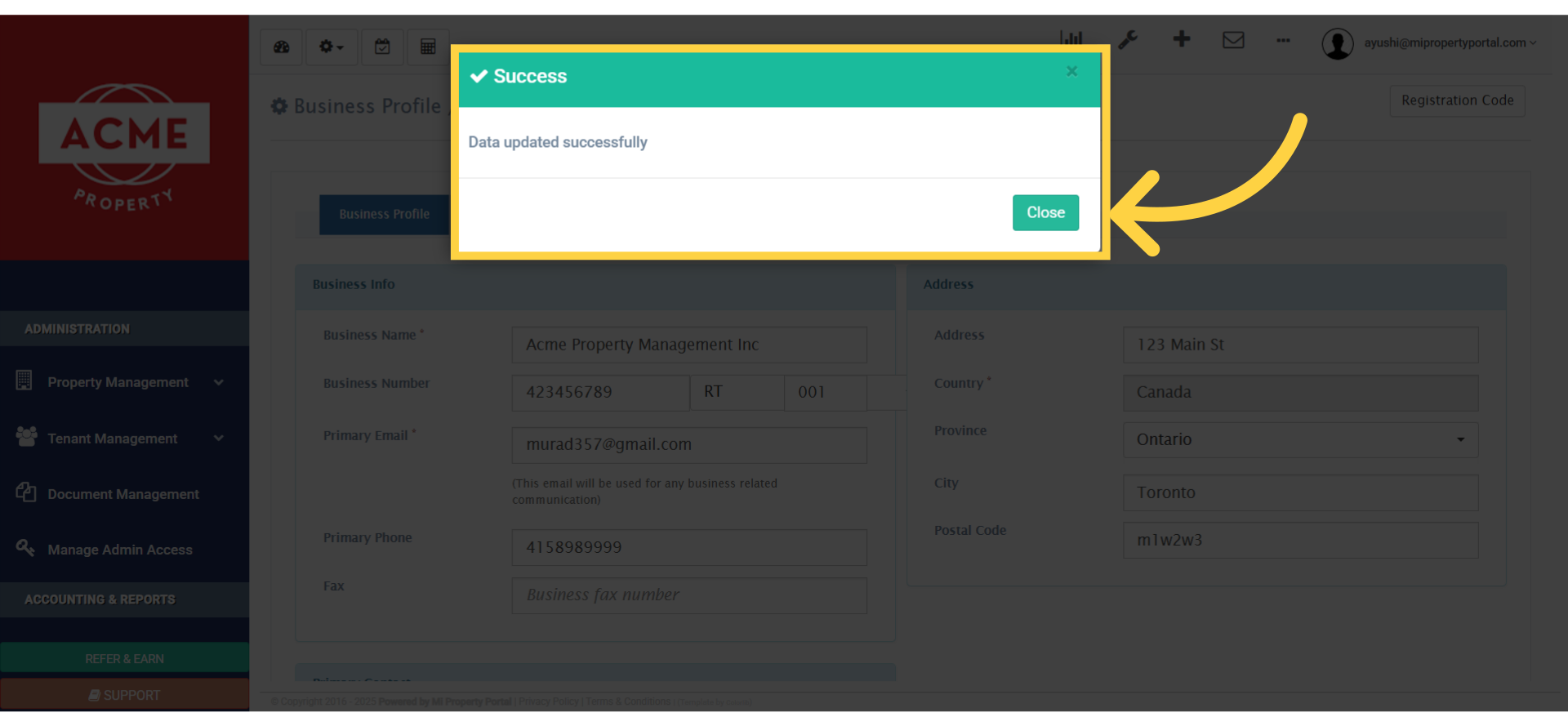 Close the success confirmation pop-up window.
