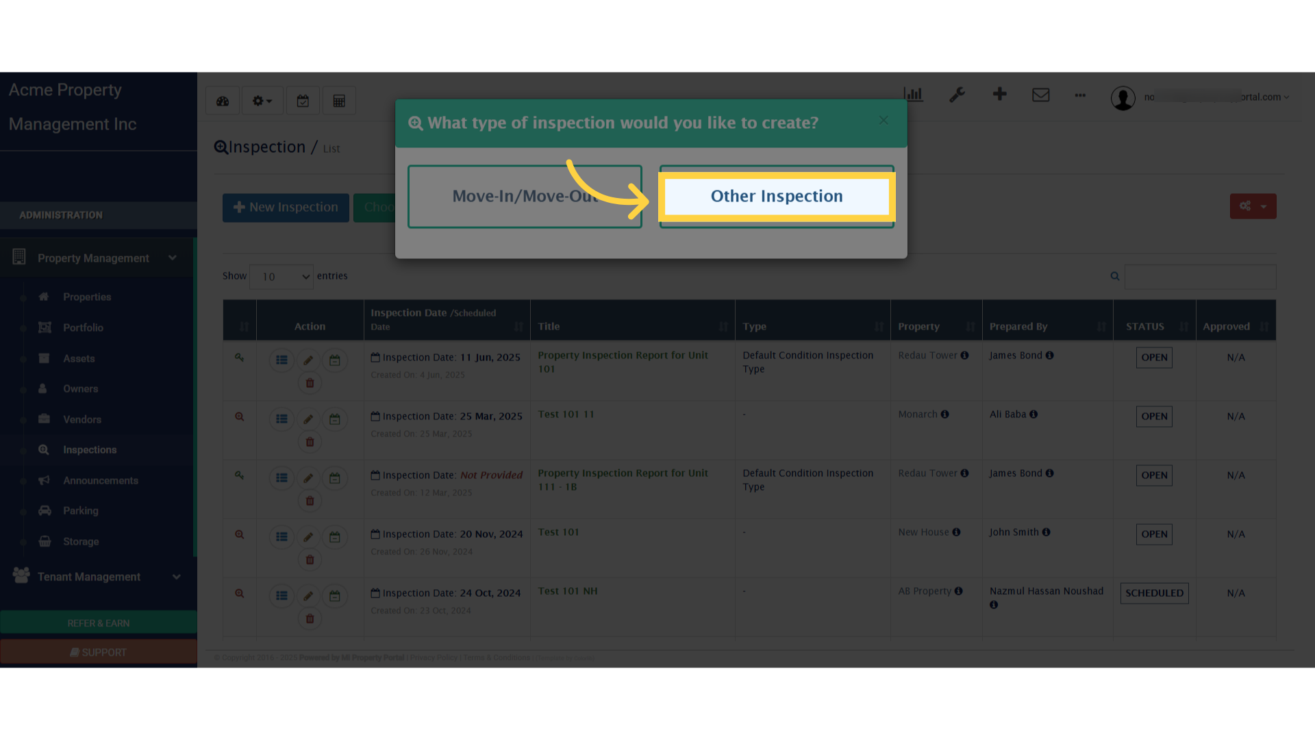 Click 'Other Inspection'