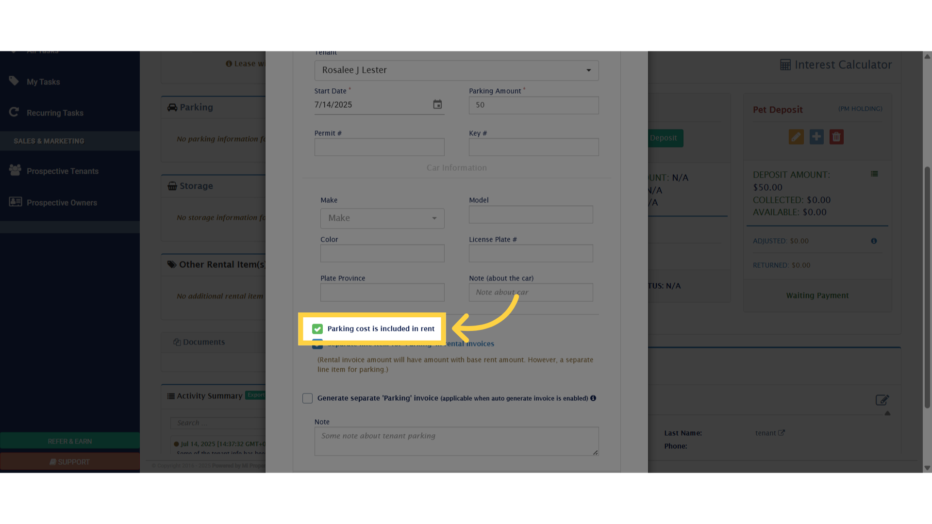 Click 'Parking cost is included in rent'