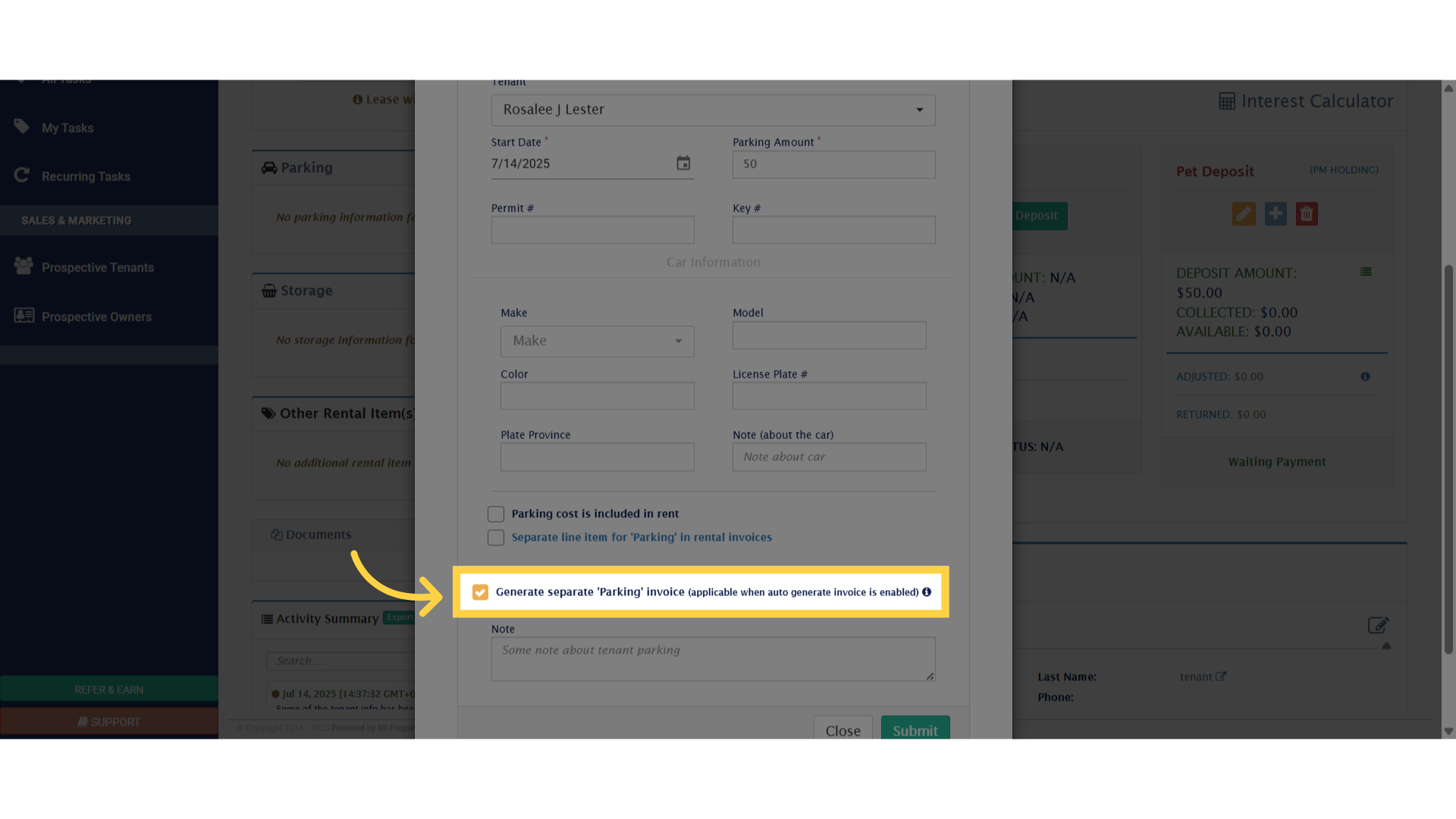 Click 'Generate separate 'Parking' invoice (applicable when auto generate invoice is enabled)'