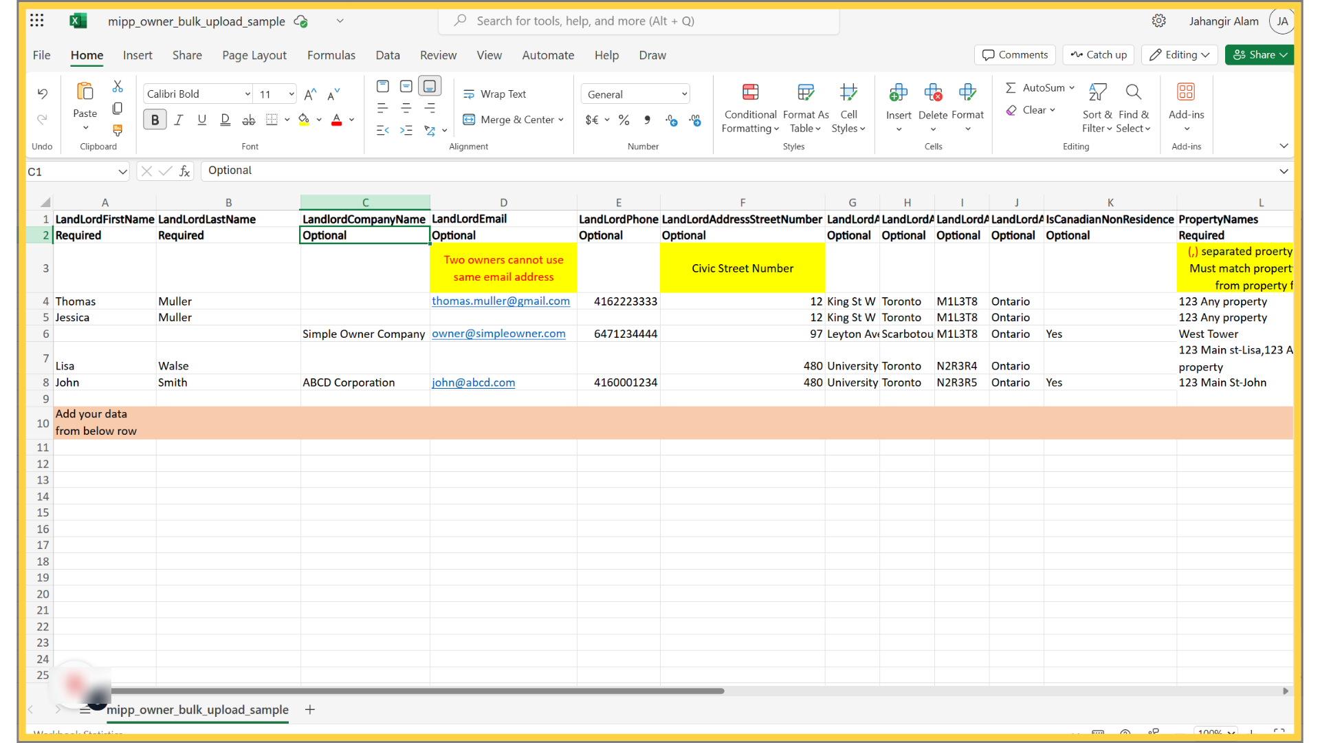 Provide the business name in the 'LandlordCompanyName' column if available; many reports use this field for filtering and grouping