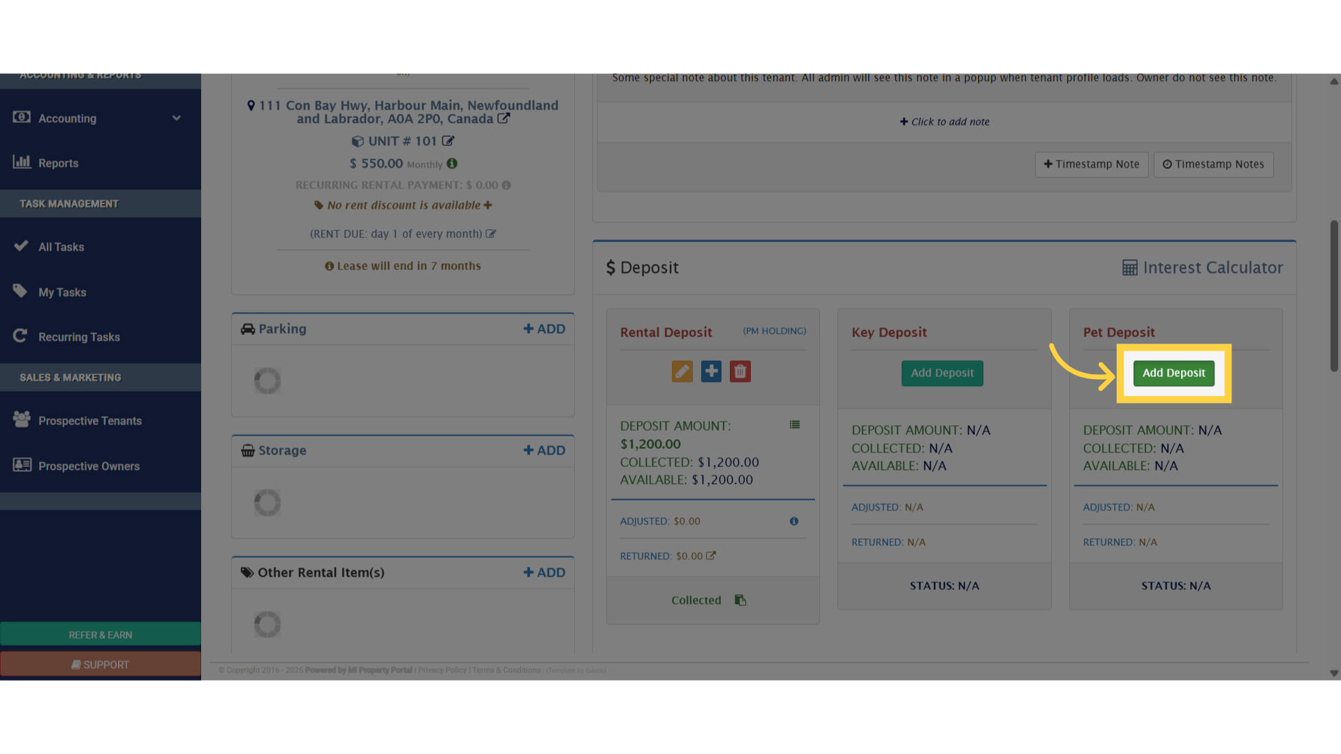 Once you are on the 'Tenant Details' page, scroll down and click on 'Pet Deposit'.