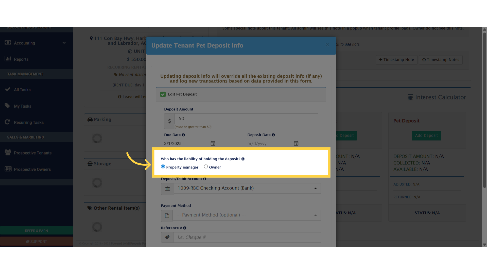 Please select the appropriate option for 'Who has the liability of holding the deposit?' by ticking the corresponding box.