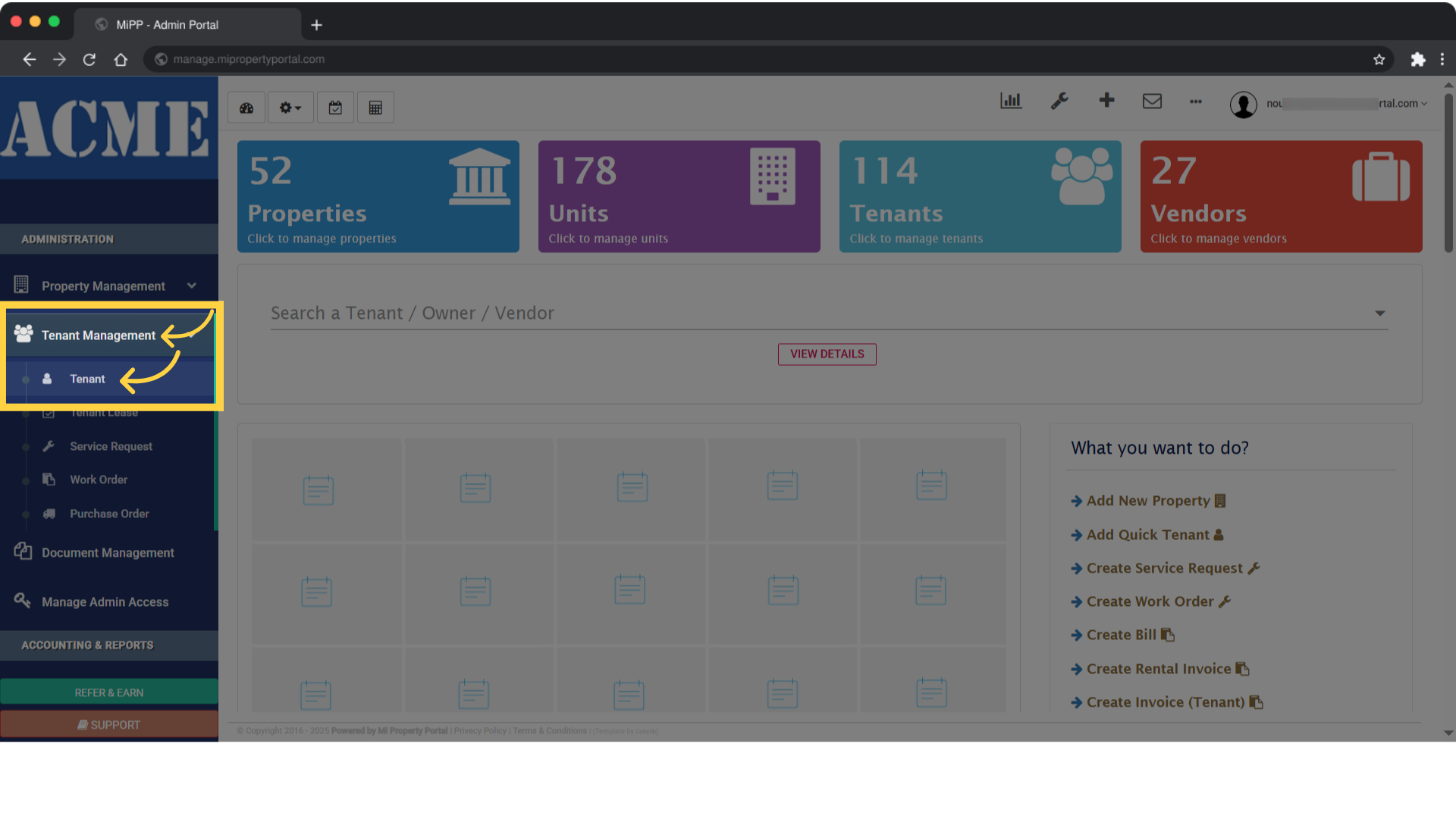 Click on tenant management drop-down, then select tenant.