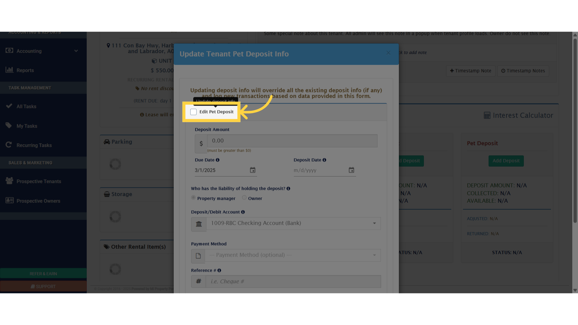 Tick the 'Edit Pet Deposit' checkbox to enable editing of the pet deposit details.