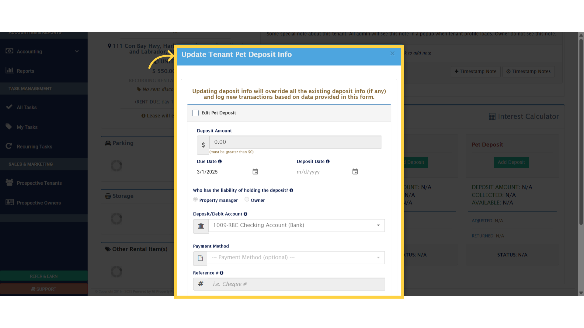 A pop-up window will appear, allowing you to update the pet deposit information.