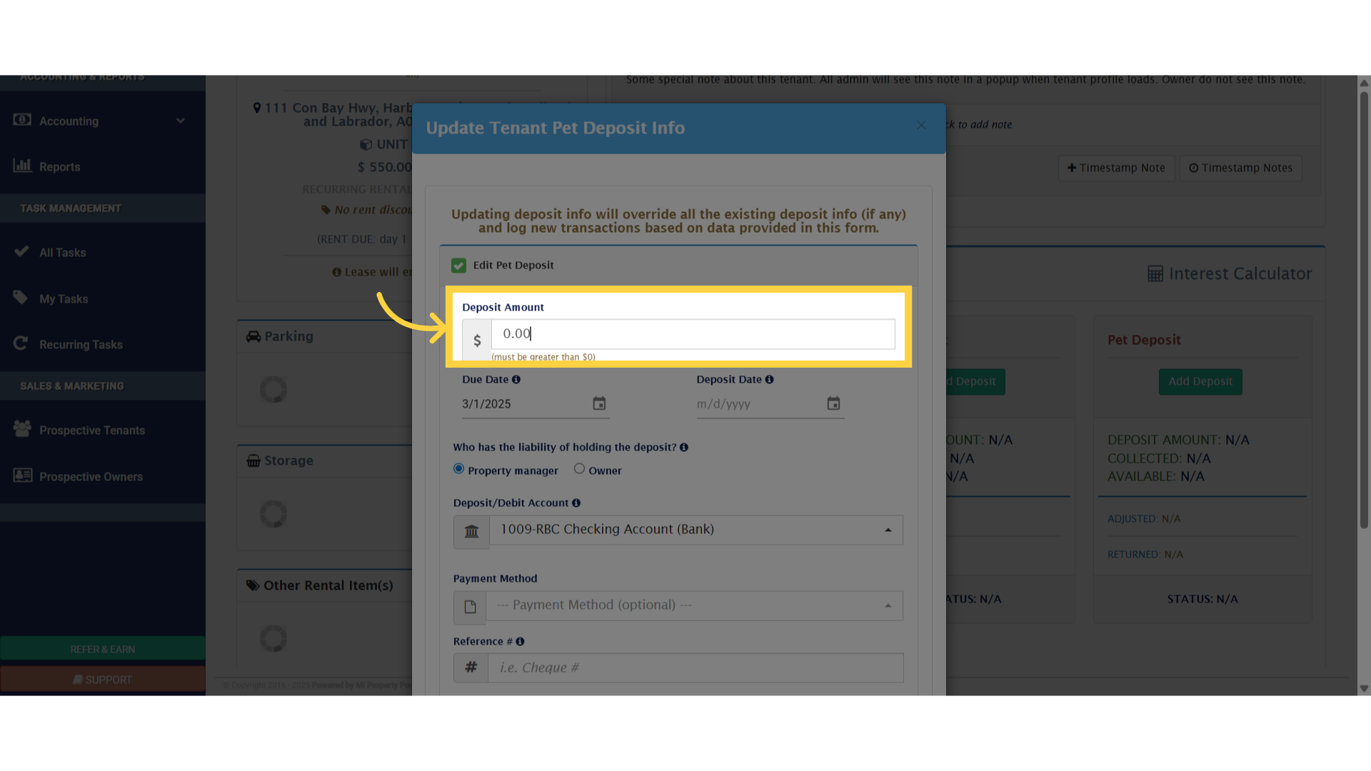 Enter the amount in the 'Deposit Amount' field.