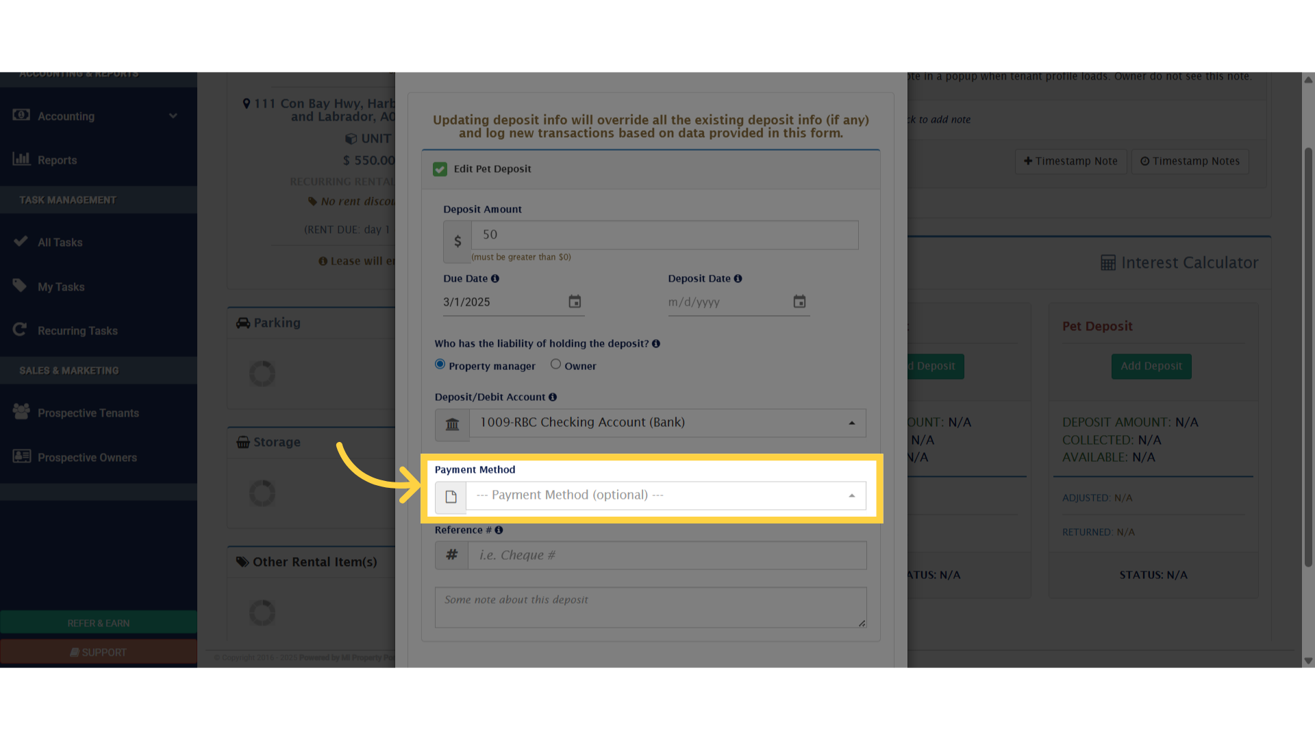 Select the mode of payment from the dropdown menu under 'Payment Method.'