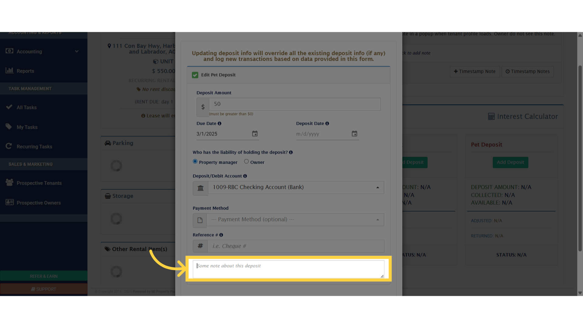 Write any comments or feedback regarding the deposit or transaction in the 'Some note about this deposit' field.