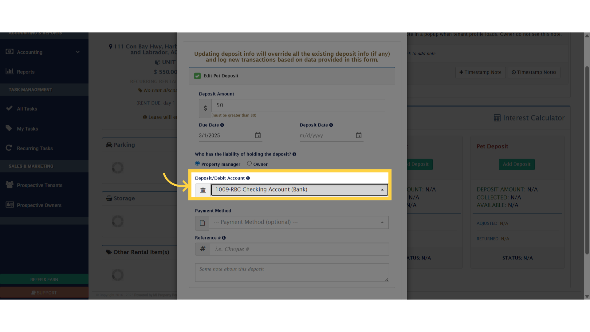 Choose the bank account from the dropdown menu labeled 'Deposit Account.'
