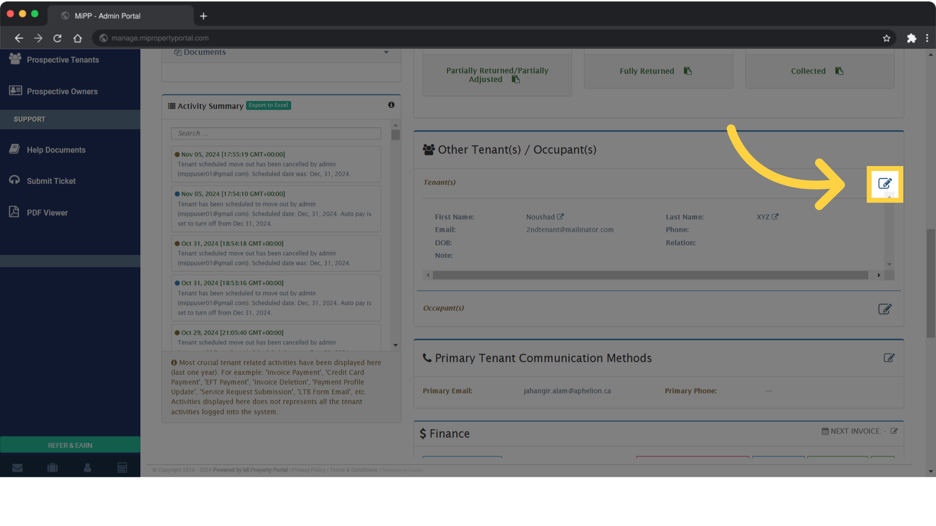 click on the Edit Additional Tenant Info