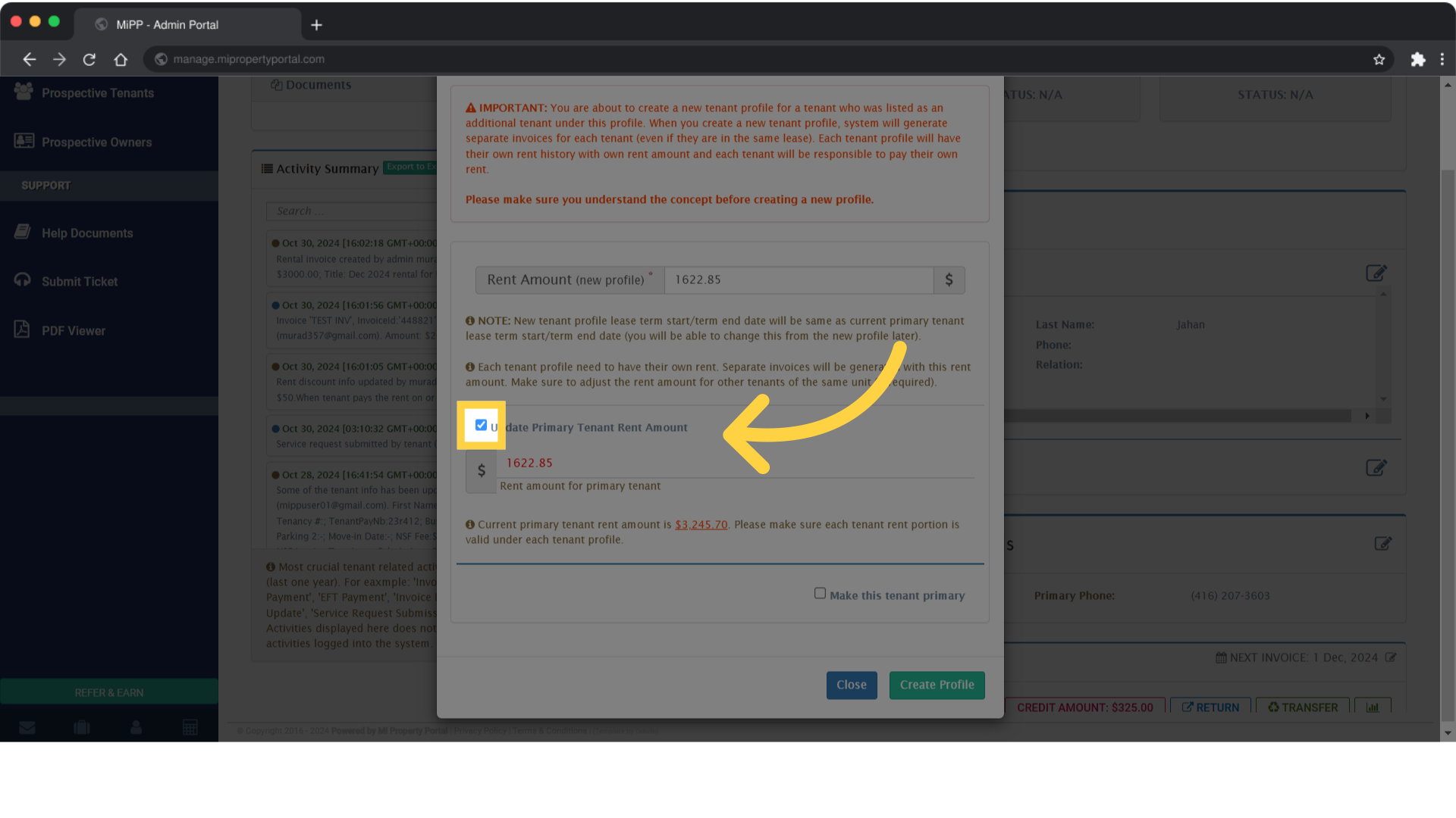 Click on the Update Primary Tenant Rent Amount field
