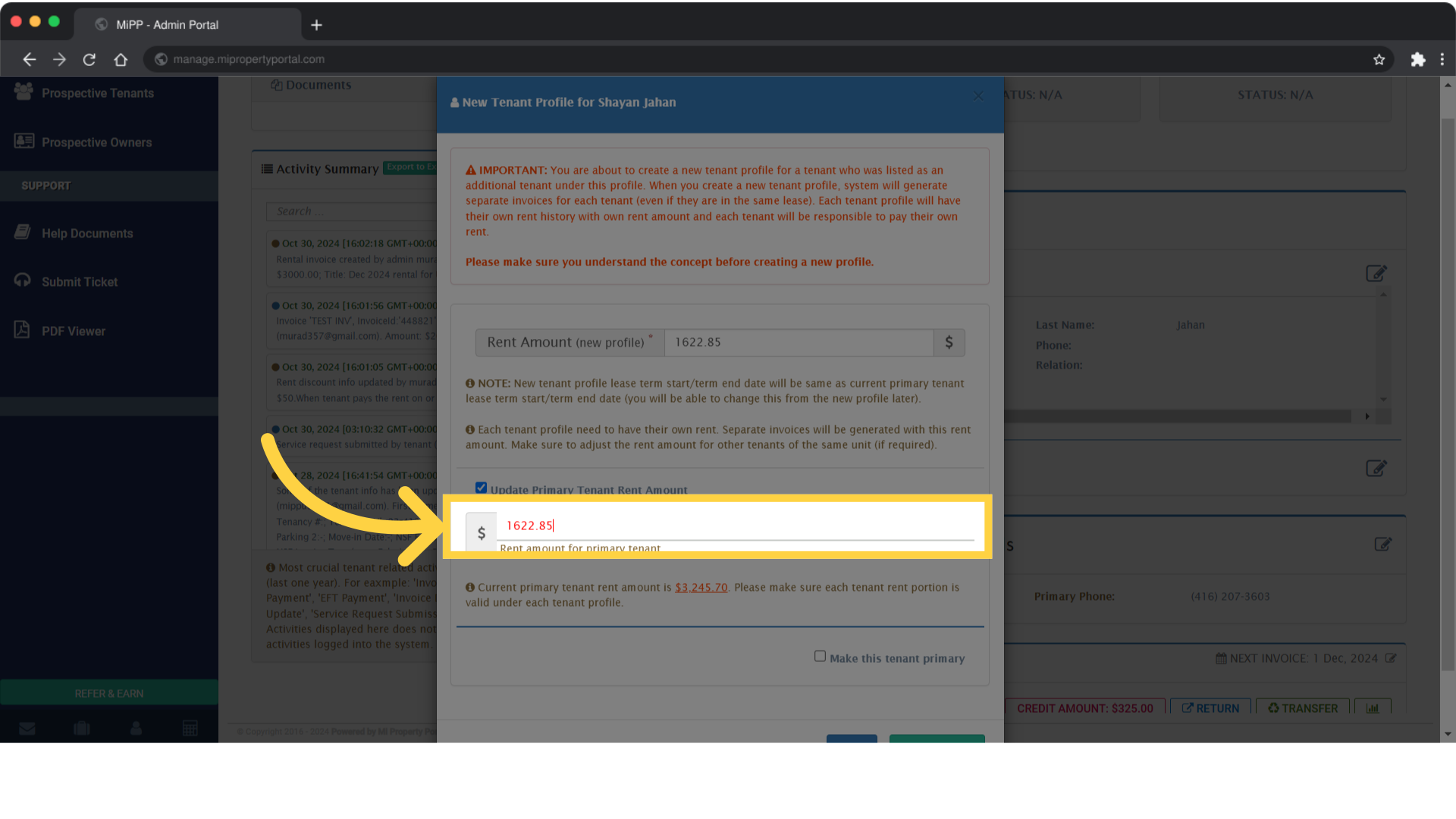 Click on the Primary tenant rent amount field