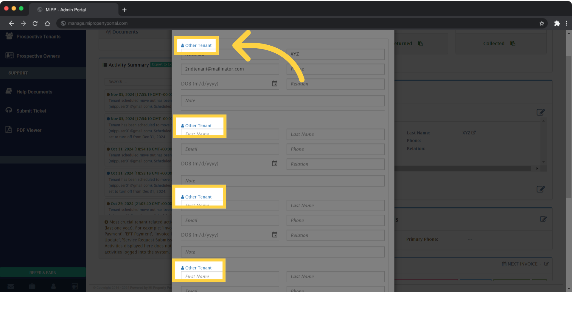 Fill in the relevant fields, such as the tenant's First Name, Last Name, Email, and Phone, under Update Additional Tenant Info