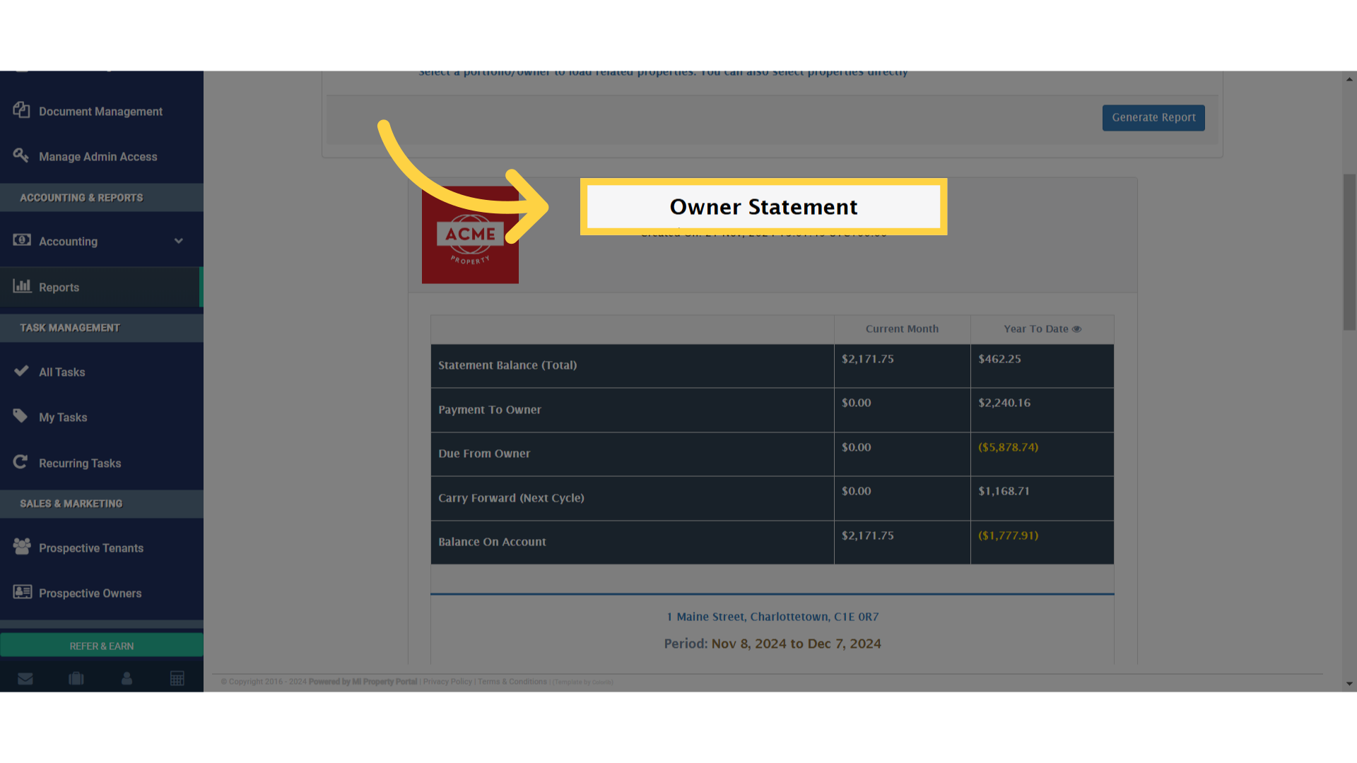 Click 'Owner Statement'