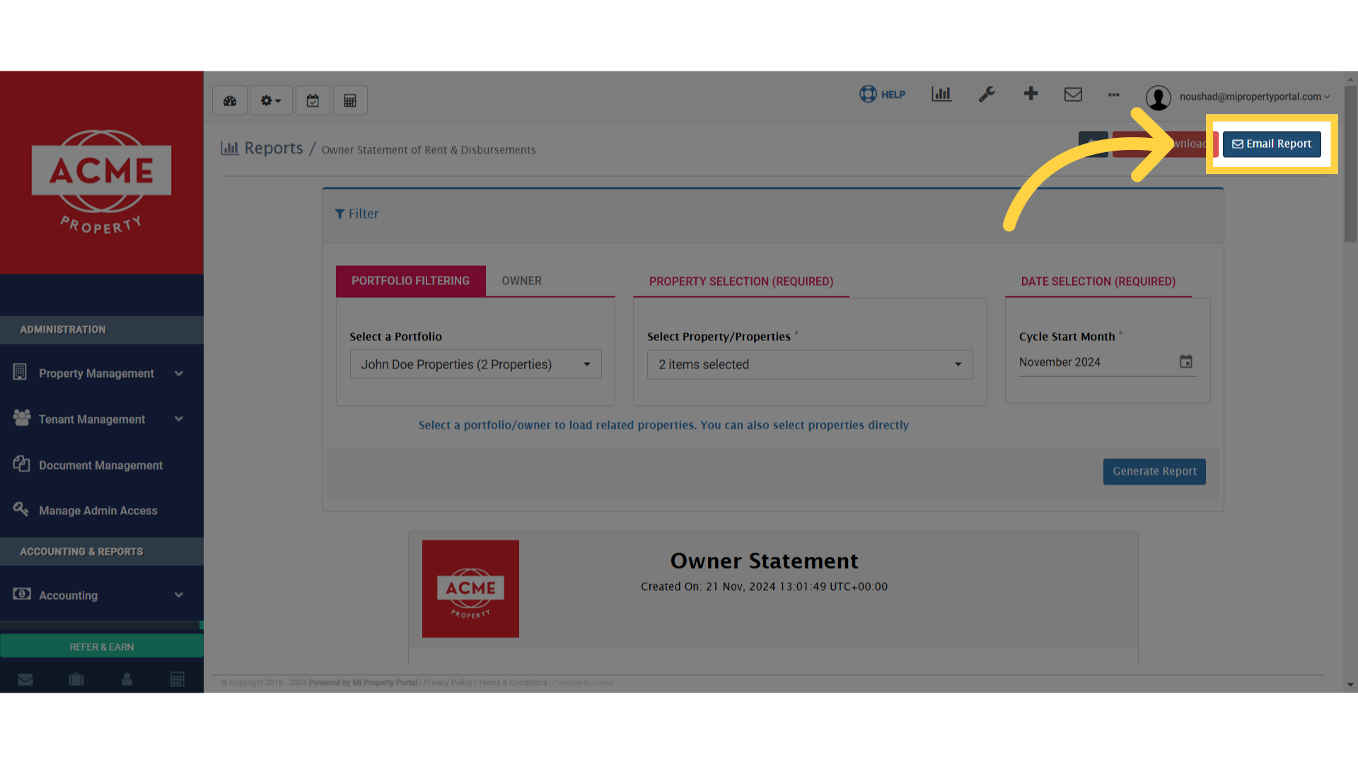 Click 'Email Report'