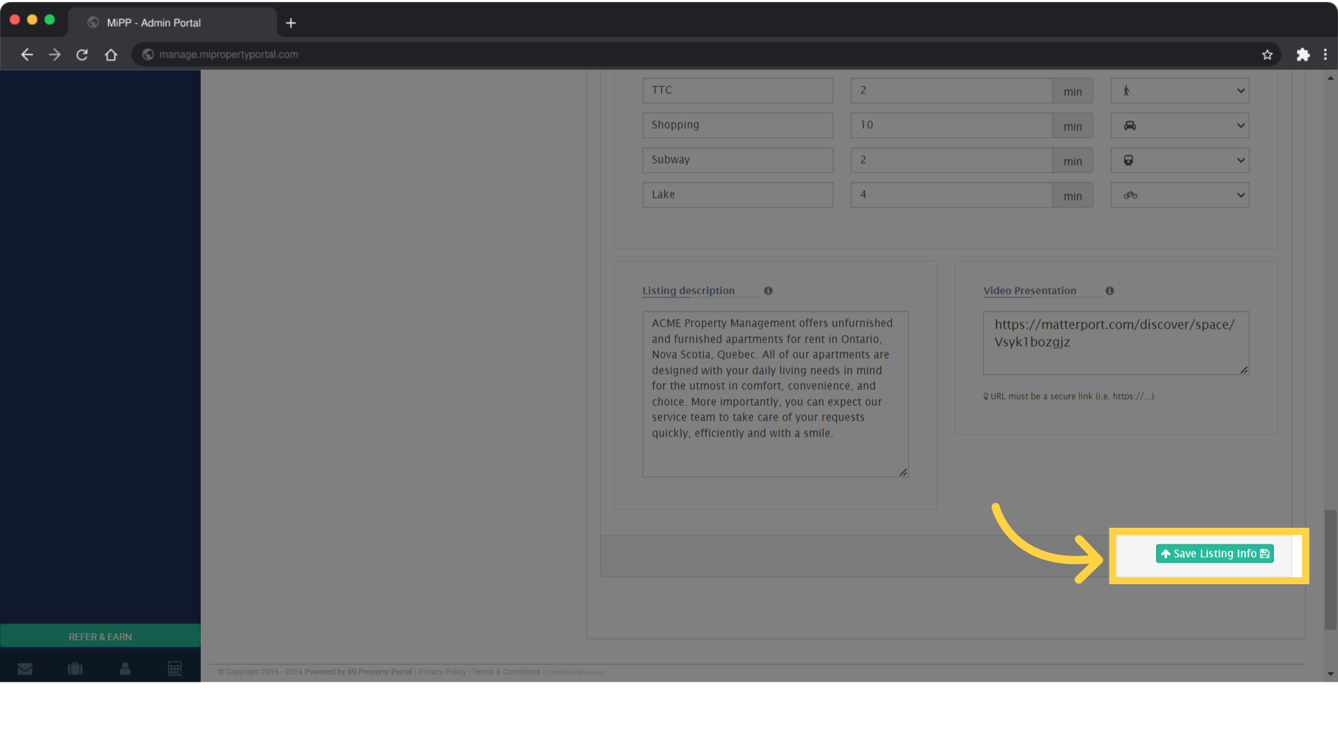 Once you’ve made your updates, click on the Save Listing Info button to apply your changes