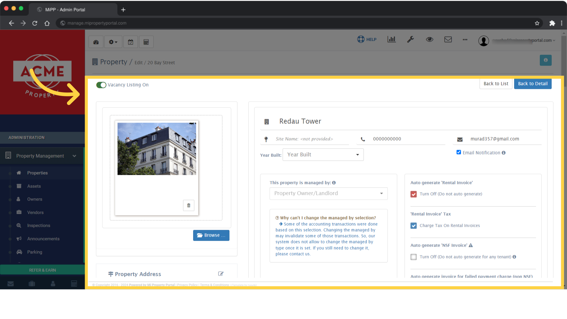 You will be redirected to the 'Property / Edit' page for the selected property