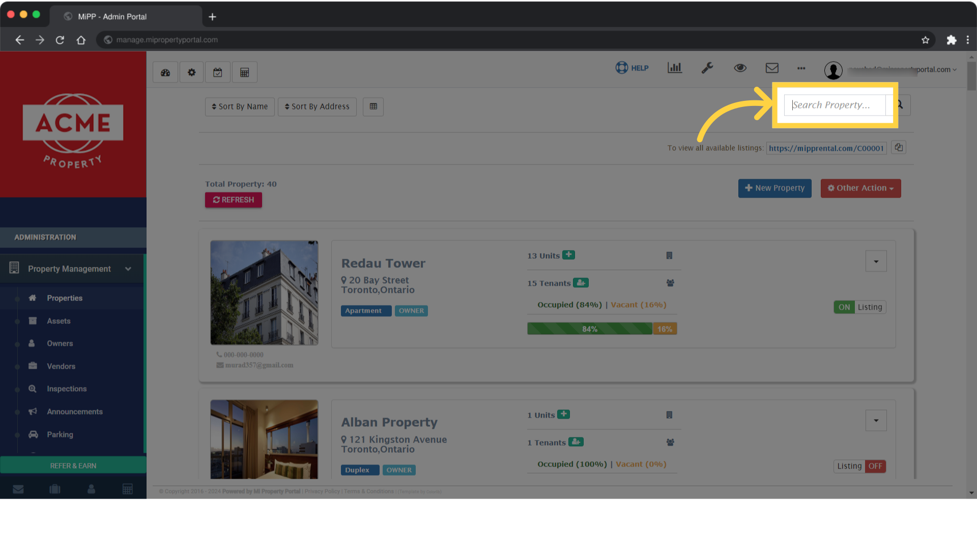 Next, use the Search Property field at the top of the page to find the property you want to update