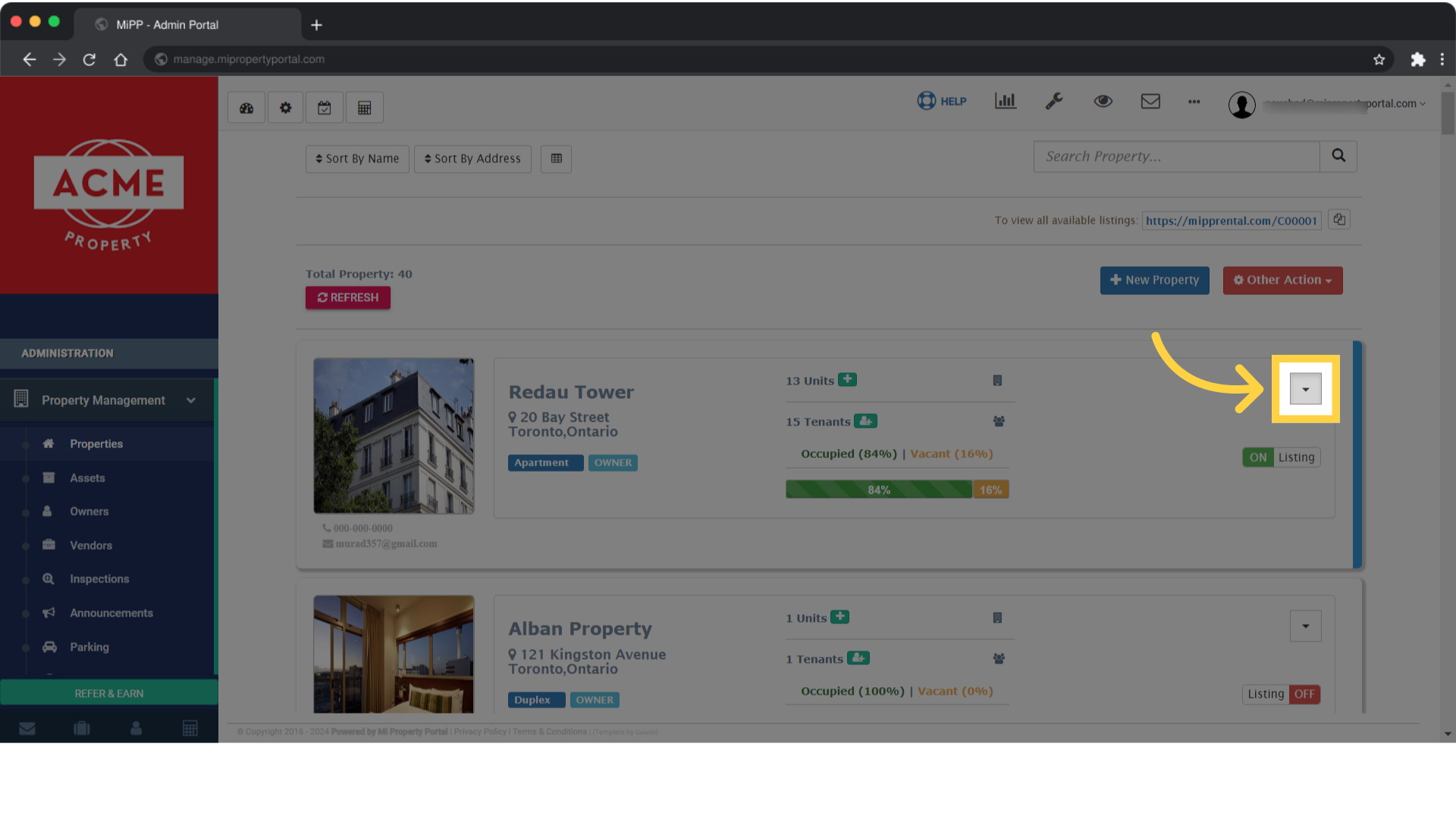 Once you’ve located the property, click the dropdown menu next to its name