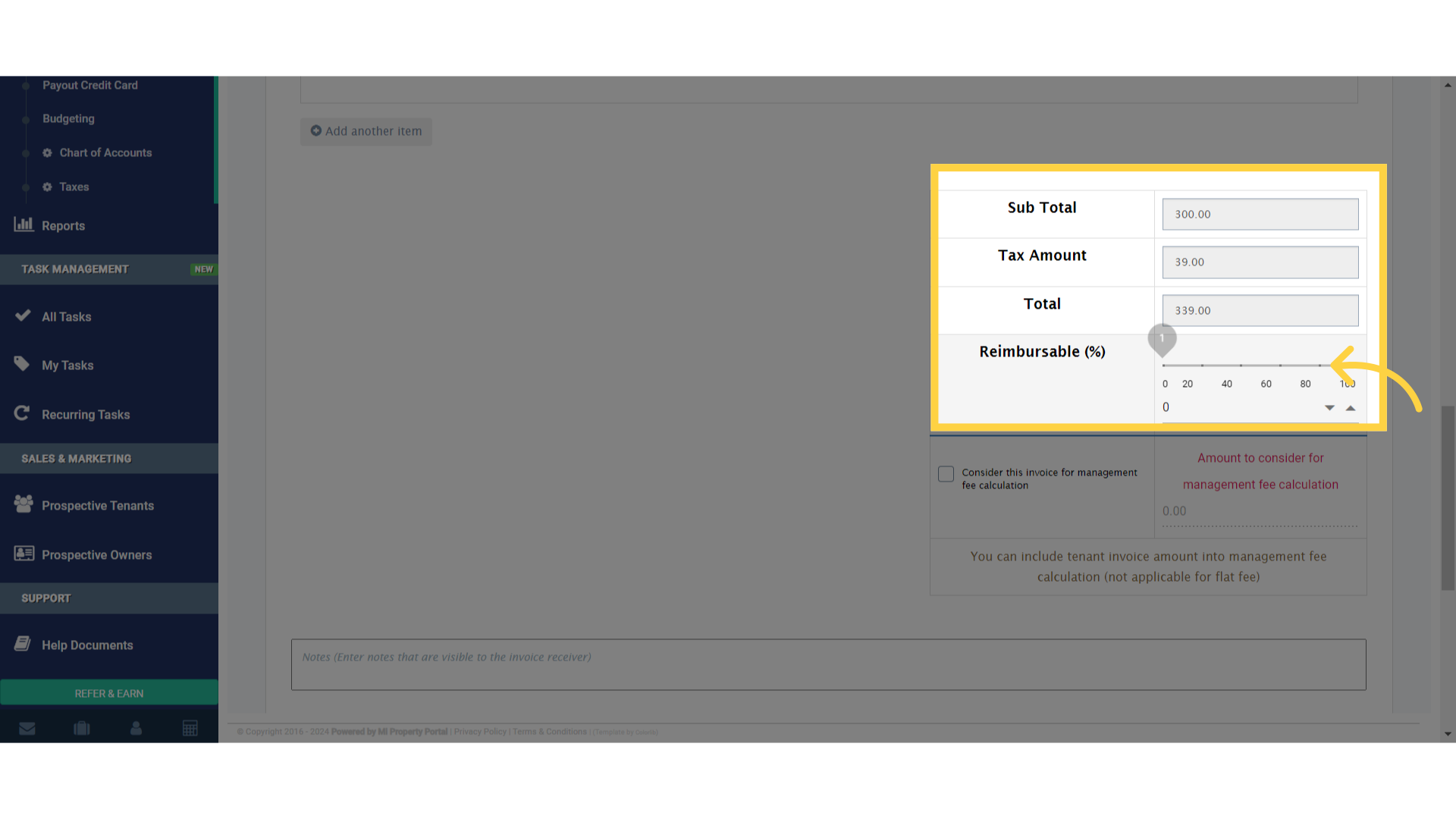 Click on the slider and set the Reimbursable (%) if applicable