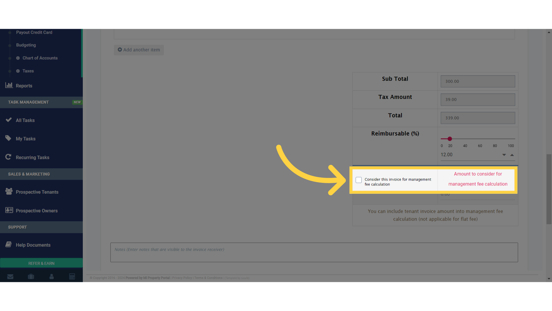 If it applies, tick the box 'Consider this invoice for management fee calculation.'