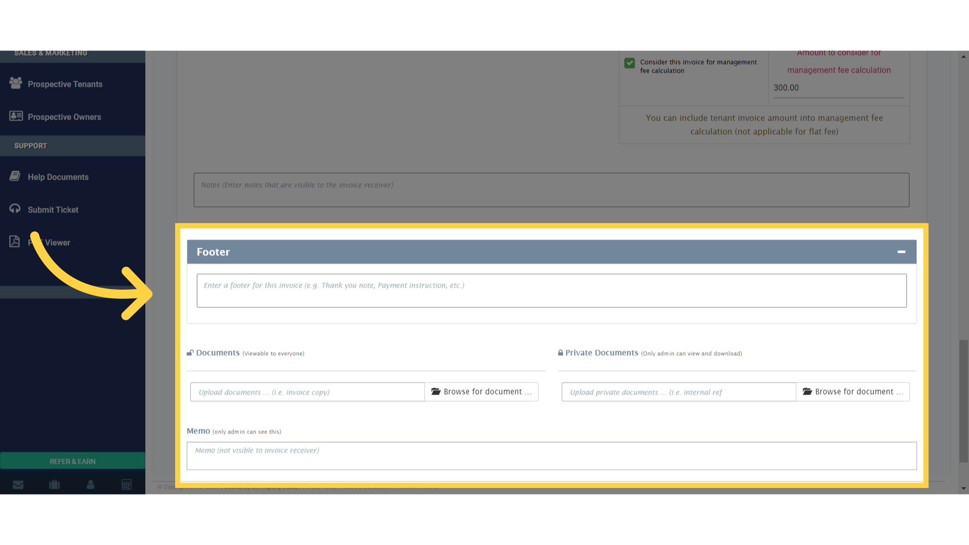 Click the 'Enter a footer for this invoice' field and add a Footer. Upload any Documents or Attachments from your device by clicking on the folder icon.