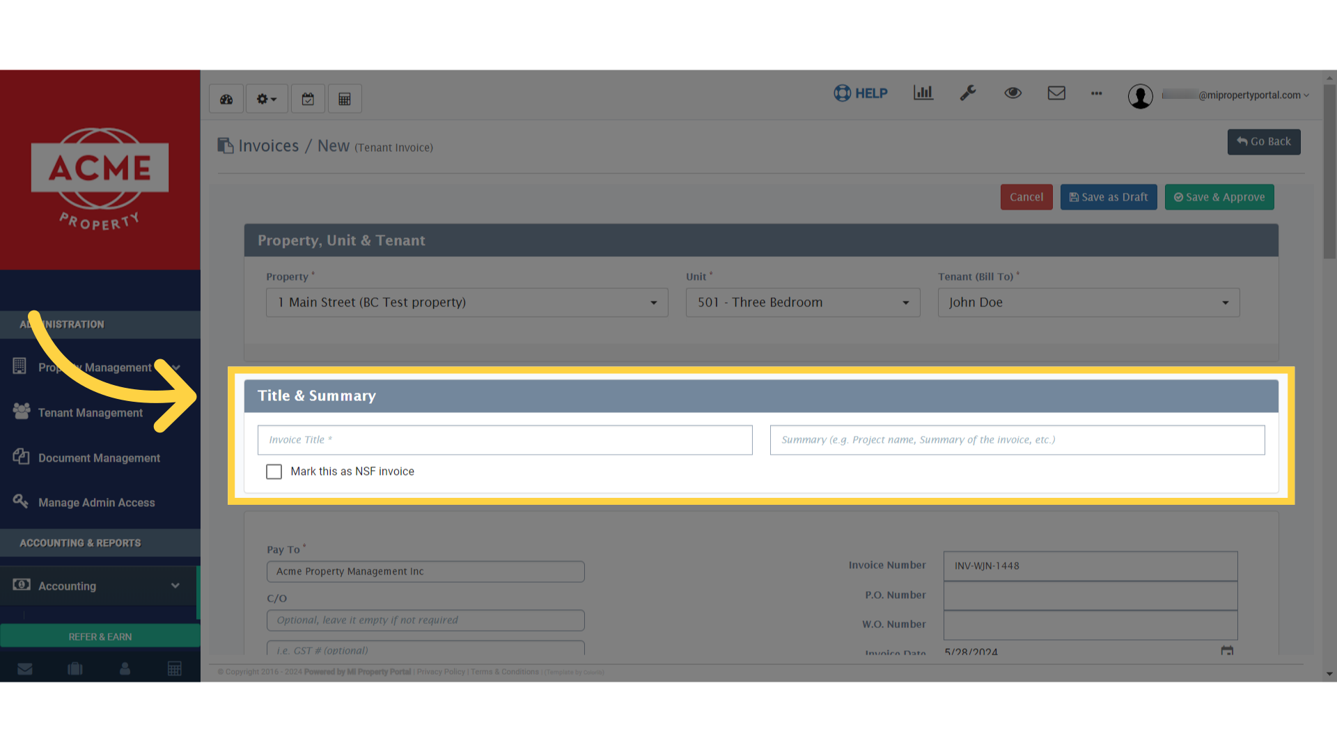Fill in the required fields under 'Title & Summary.' If you need to mark the invoice as NSF, tick the box