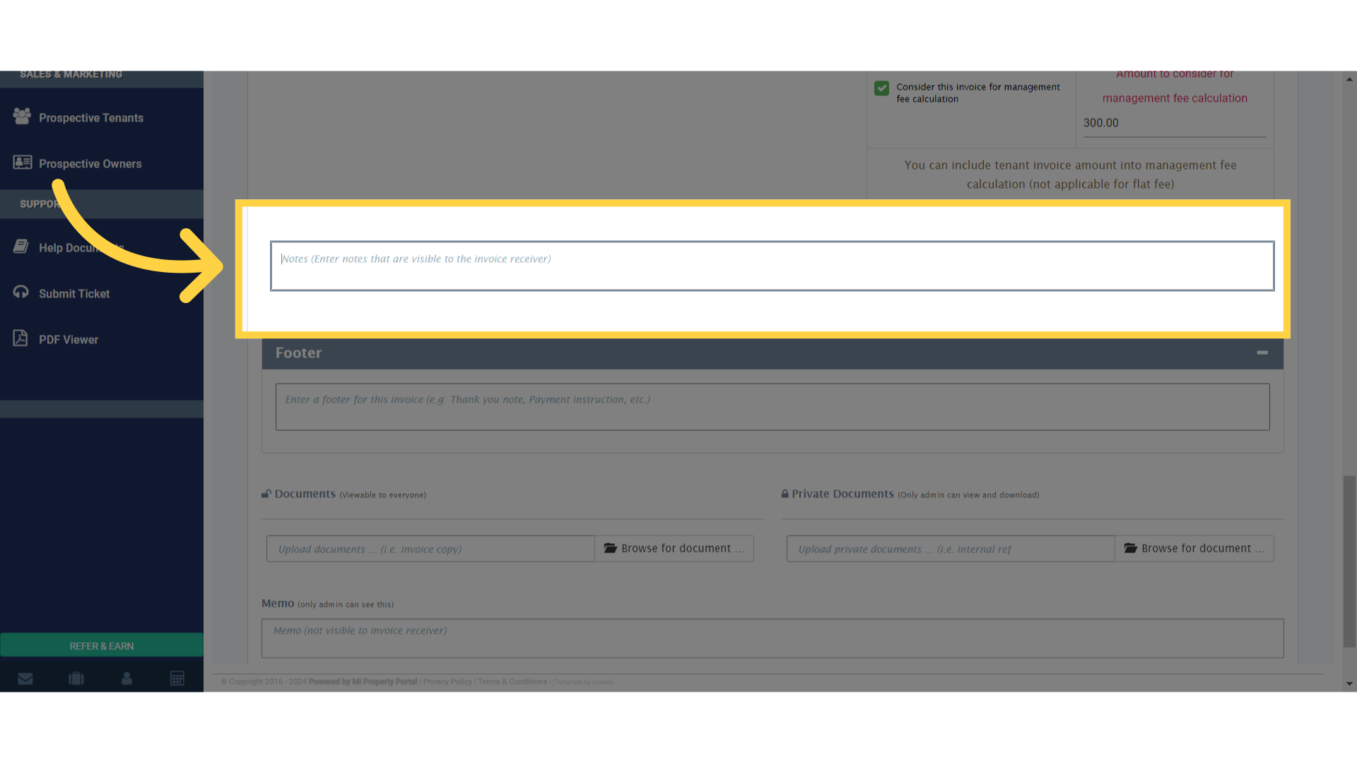 Click 'Notes (Enter notes that are visible to the invoice receiver)'