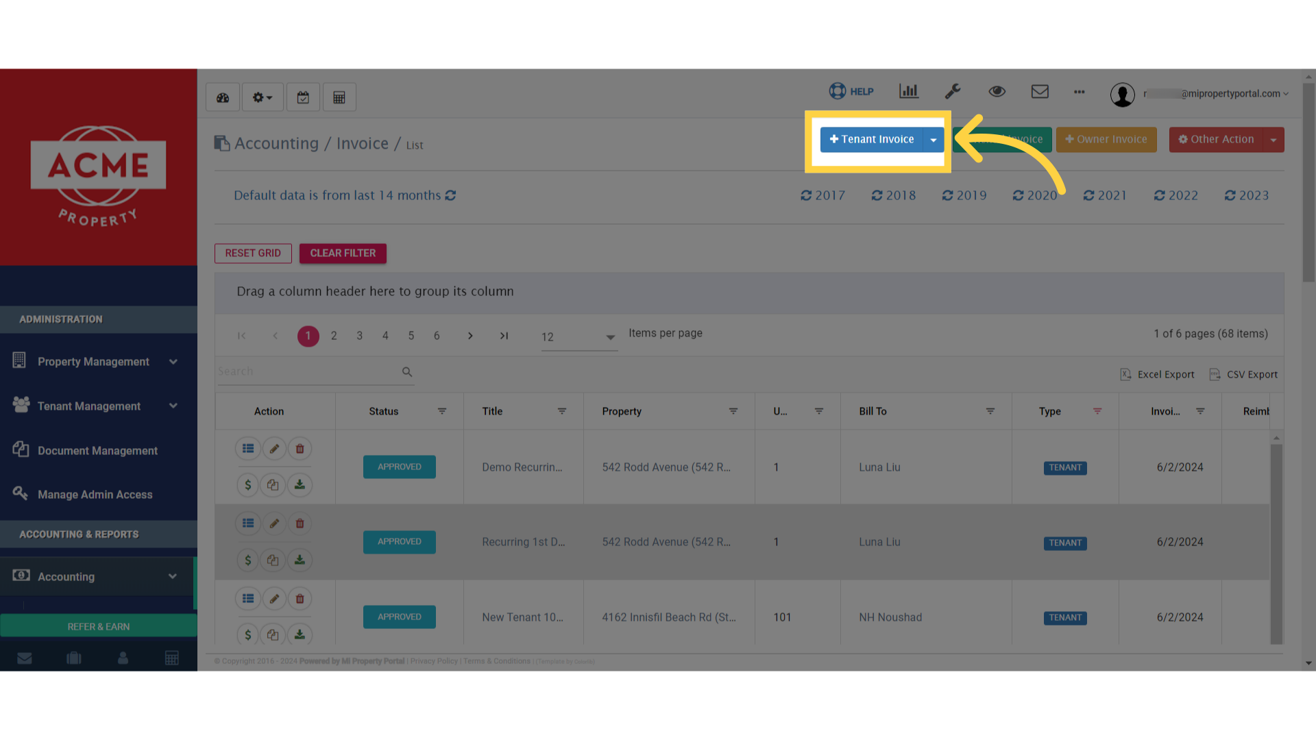 Click on the 'Tenant Invoice' dropdown