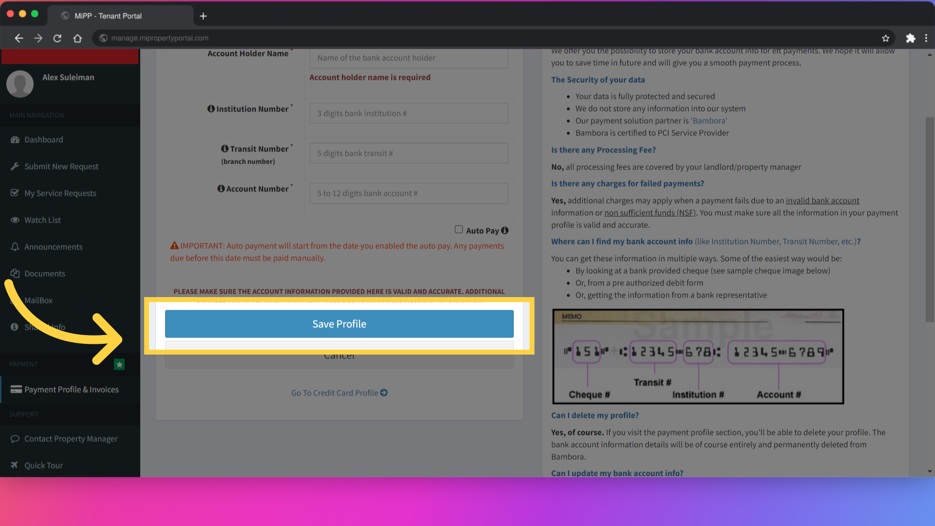 Once you've reviewed and confirmed your details, click on ‘Save Profile’ to store your payment information securely