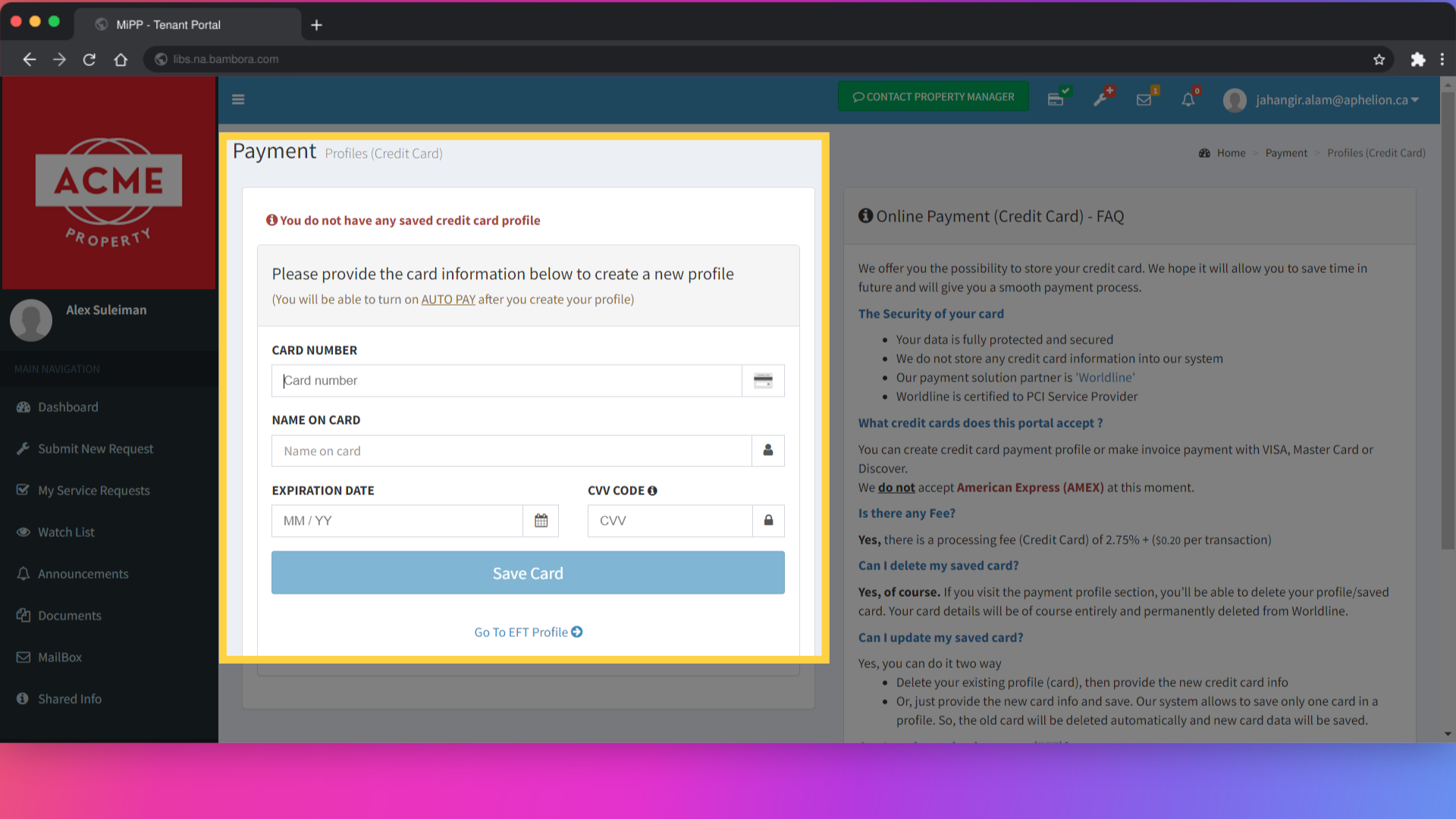 Enter your Credit Card Number, Name on the Card, Expiration date, and CVV code accurately